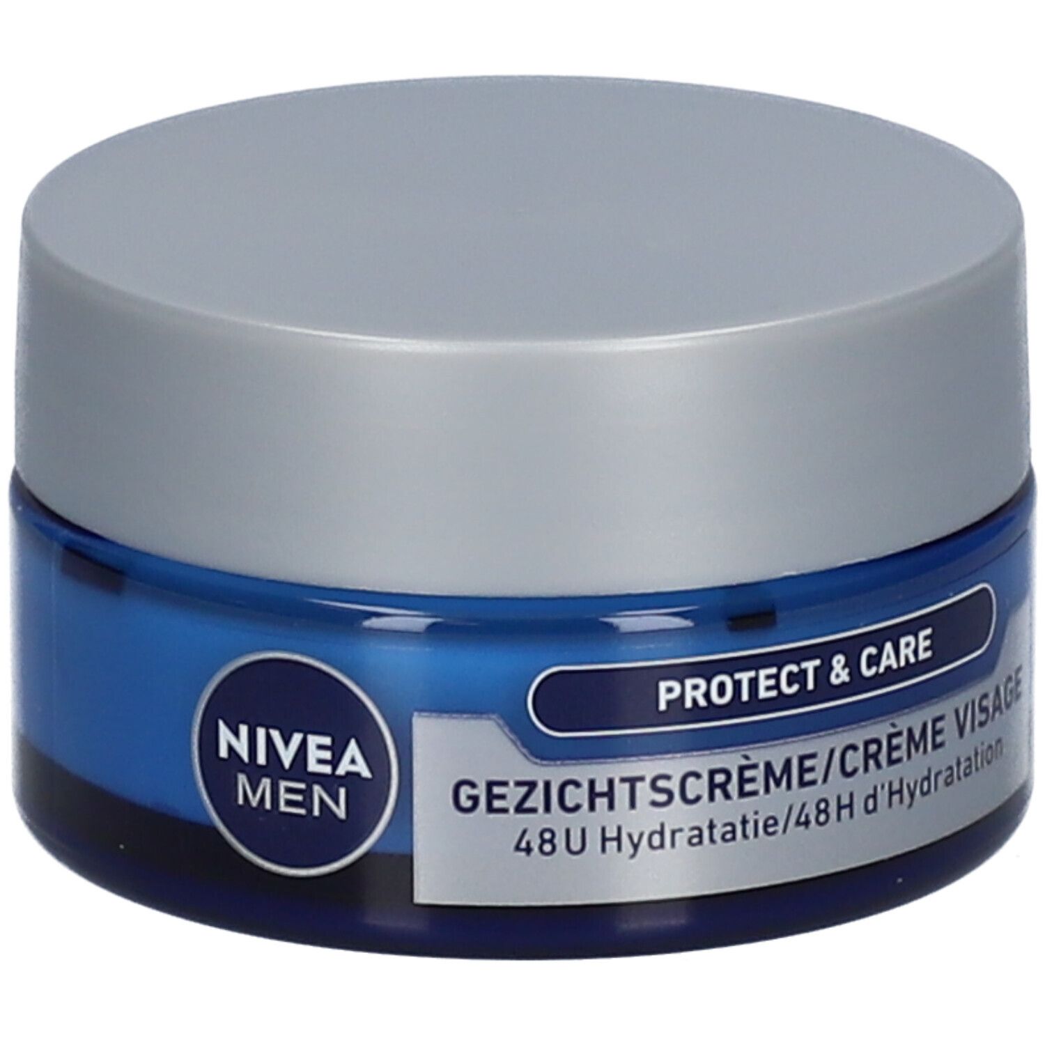 Blaue Creme-Dose mit silbernem Deckel. Aufschrift: NIVEA MEN, Protect & Care, Gesichtscreme/Crème Visage, 48H Hydratation.