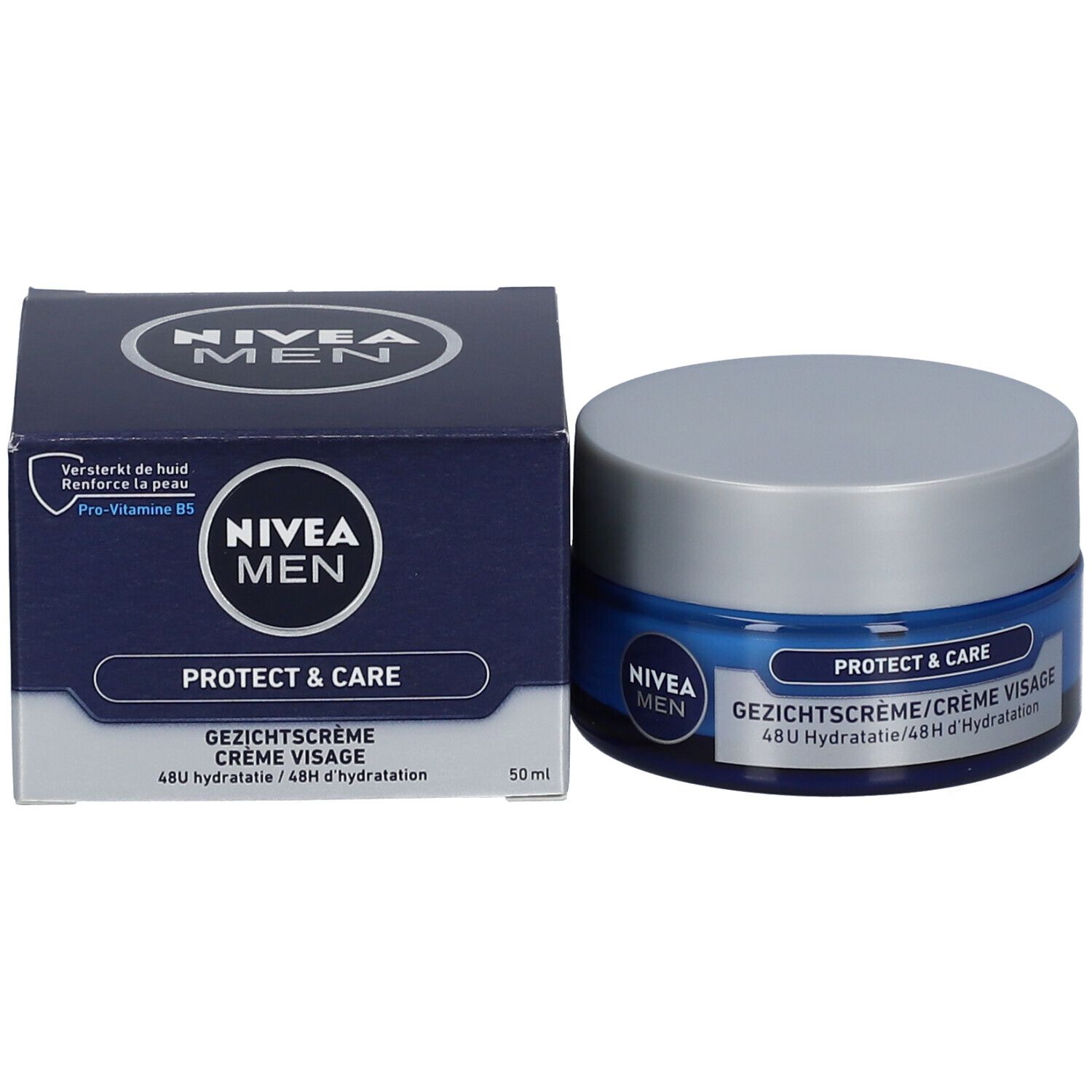 Produktverpackung und Creme-Dose. Aufschrift: NIVEA MEN, Protect & Care, Gesichtscreme, 50 ml.