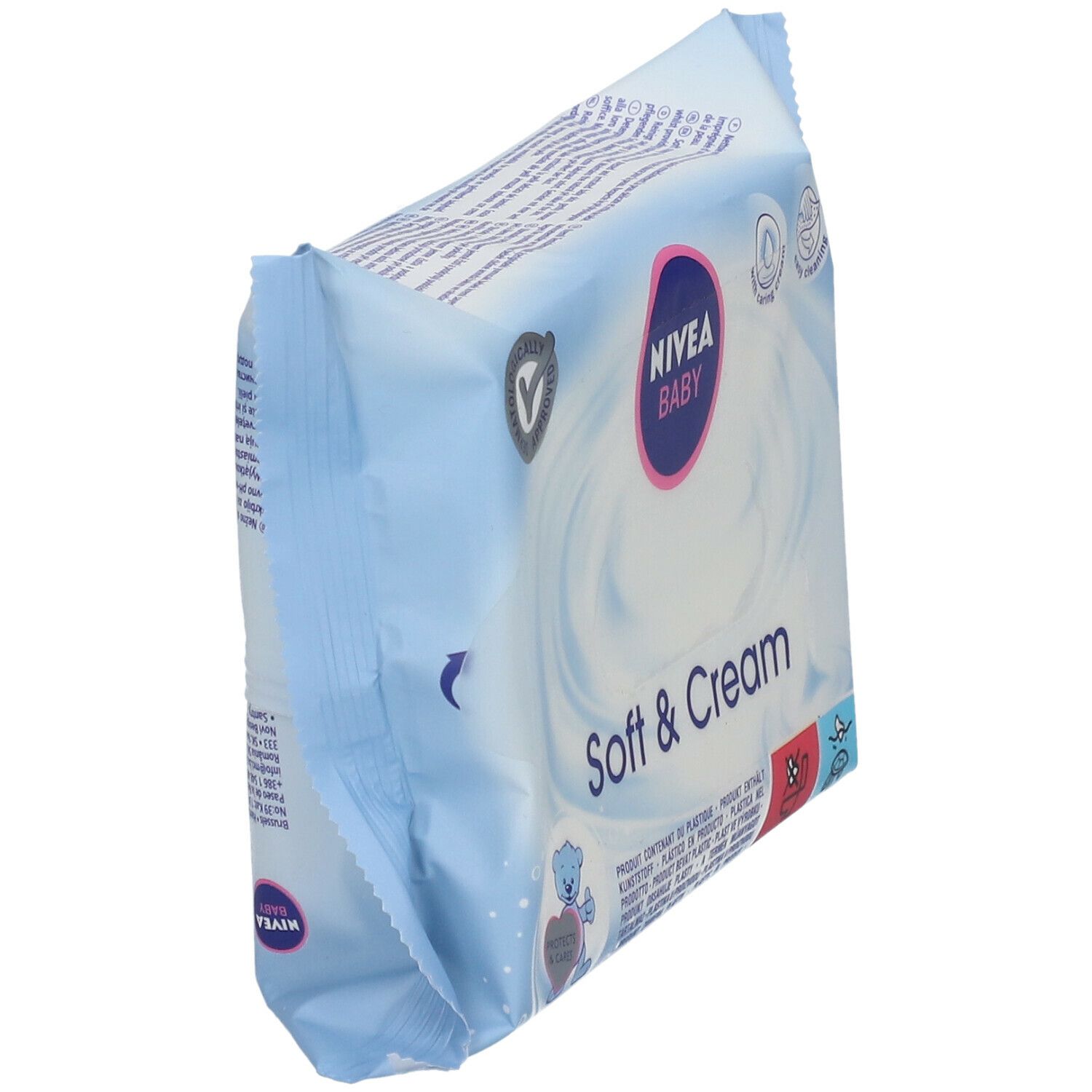 Lichtblauwe verpakking met NIVEA BABY, Soft & Cream opschrift. Zegels: dermatologisch getest, met verzorgende crème, zachte reiniging.