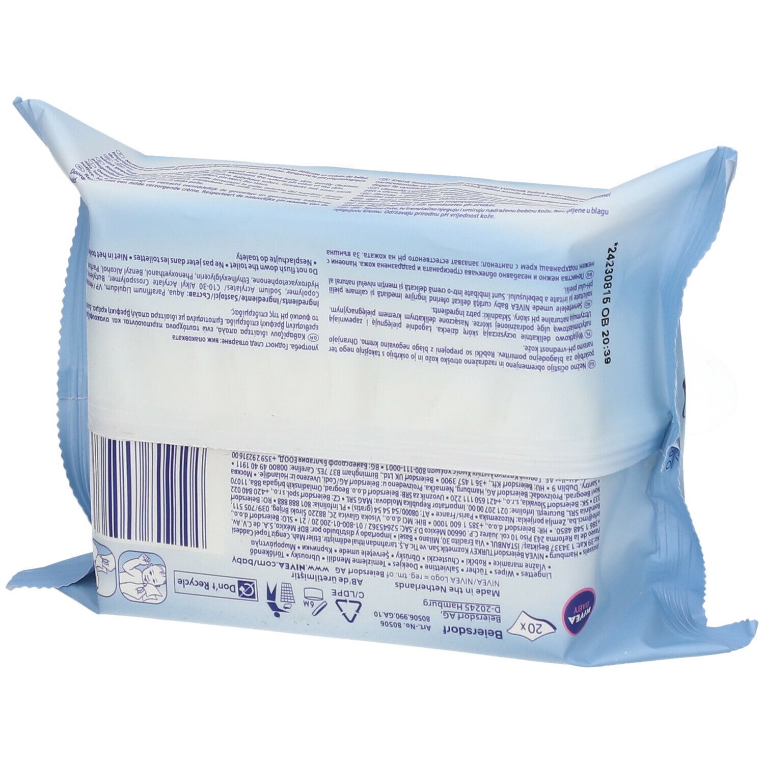 Achterkant van een lichtblauwe verpakking met tekst. Bevat informatie over ingrediënten, fabrikant, recyclingsymbolen en batchnummer.