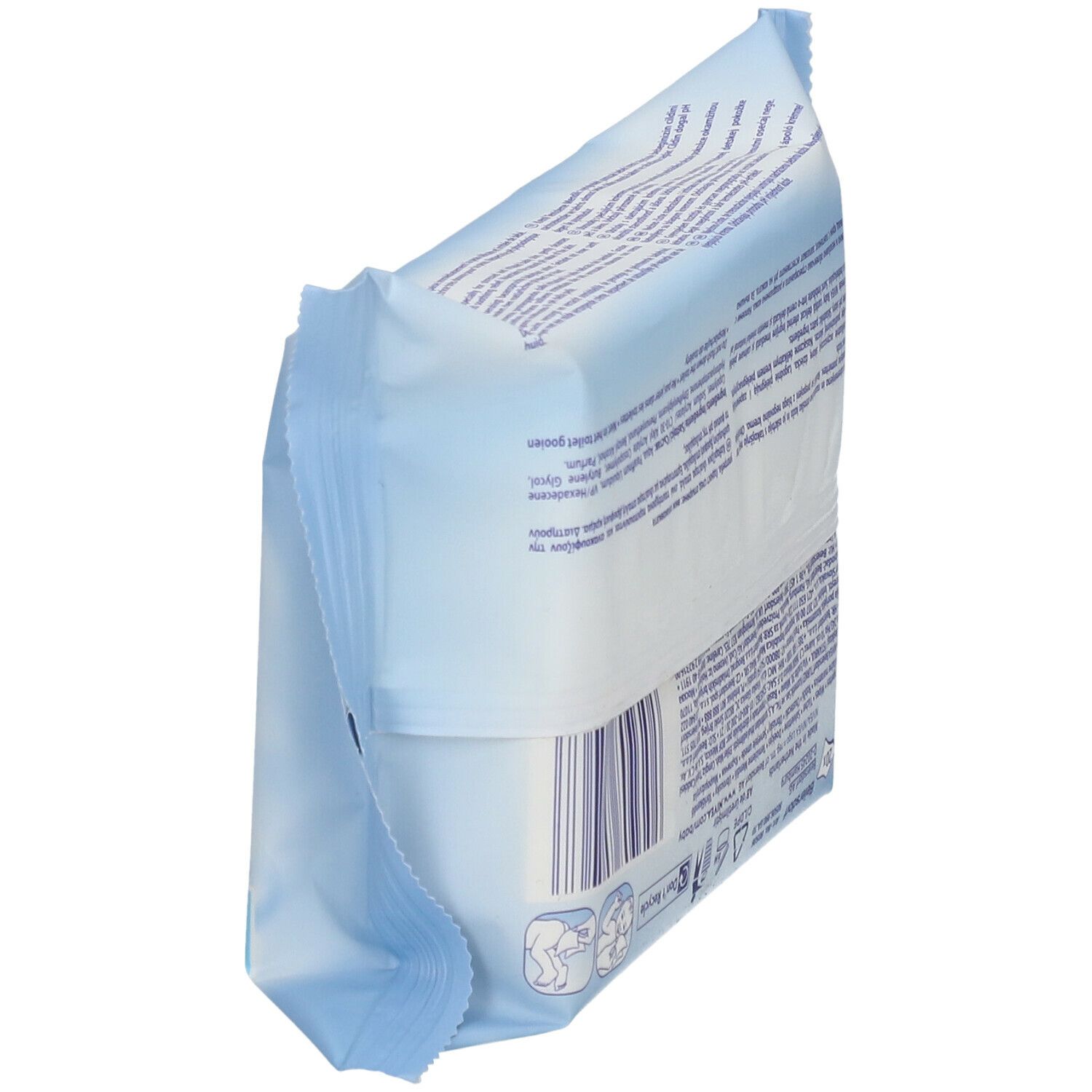 Schuine weergave van een lichtblauwe verpakking met tekst. Bevat informatie over ingrediënten, fabrikant, recyclingsymbolen en batchnummer.
