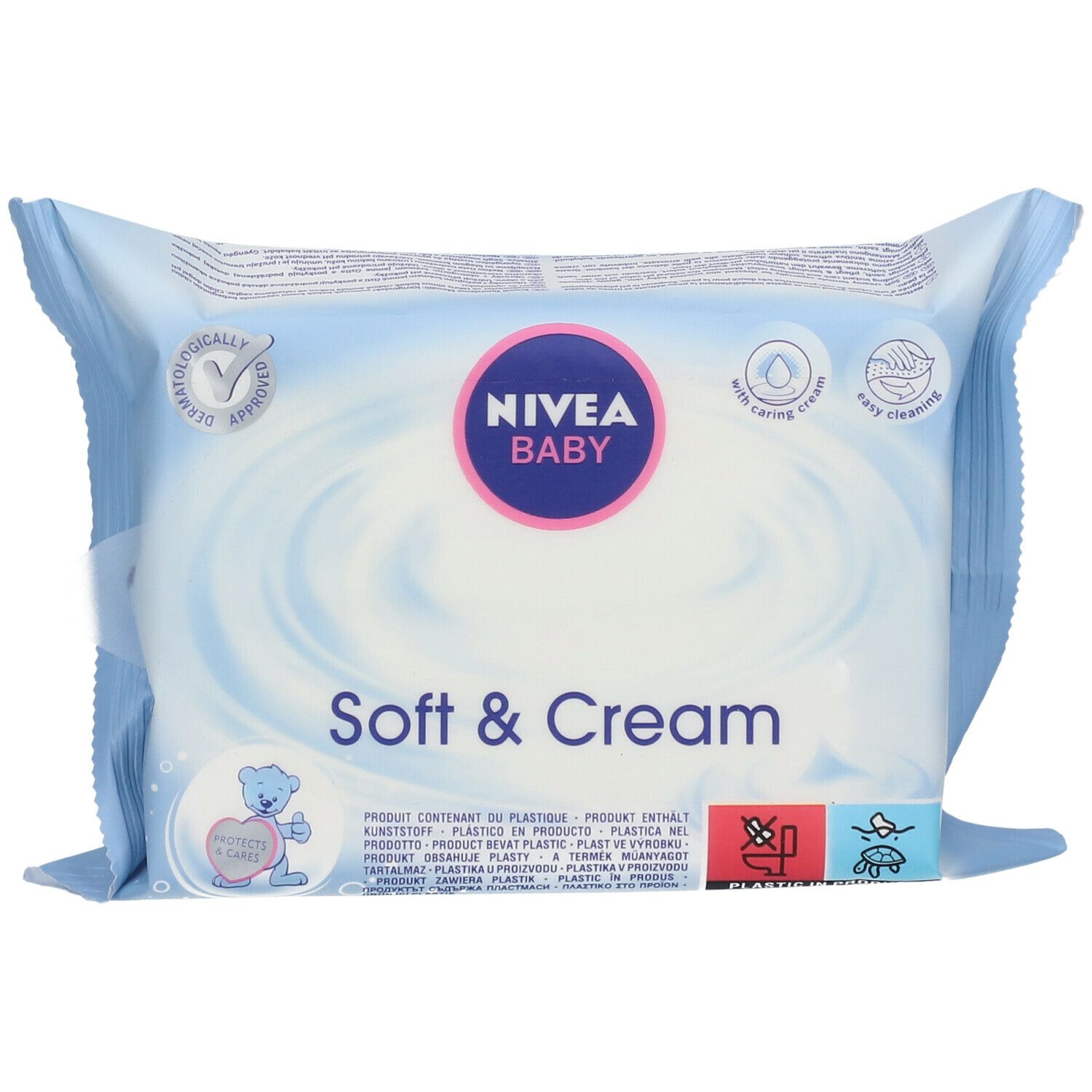 Lichtblauwe verpakking met NIVEA BABY, Soft & Cream opschrift. Zegels: dermatologisch getest, met verzorgende crème, zachte reiniging.