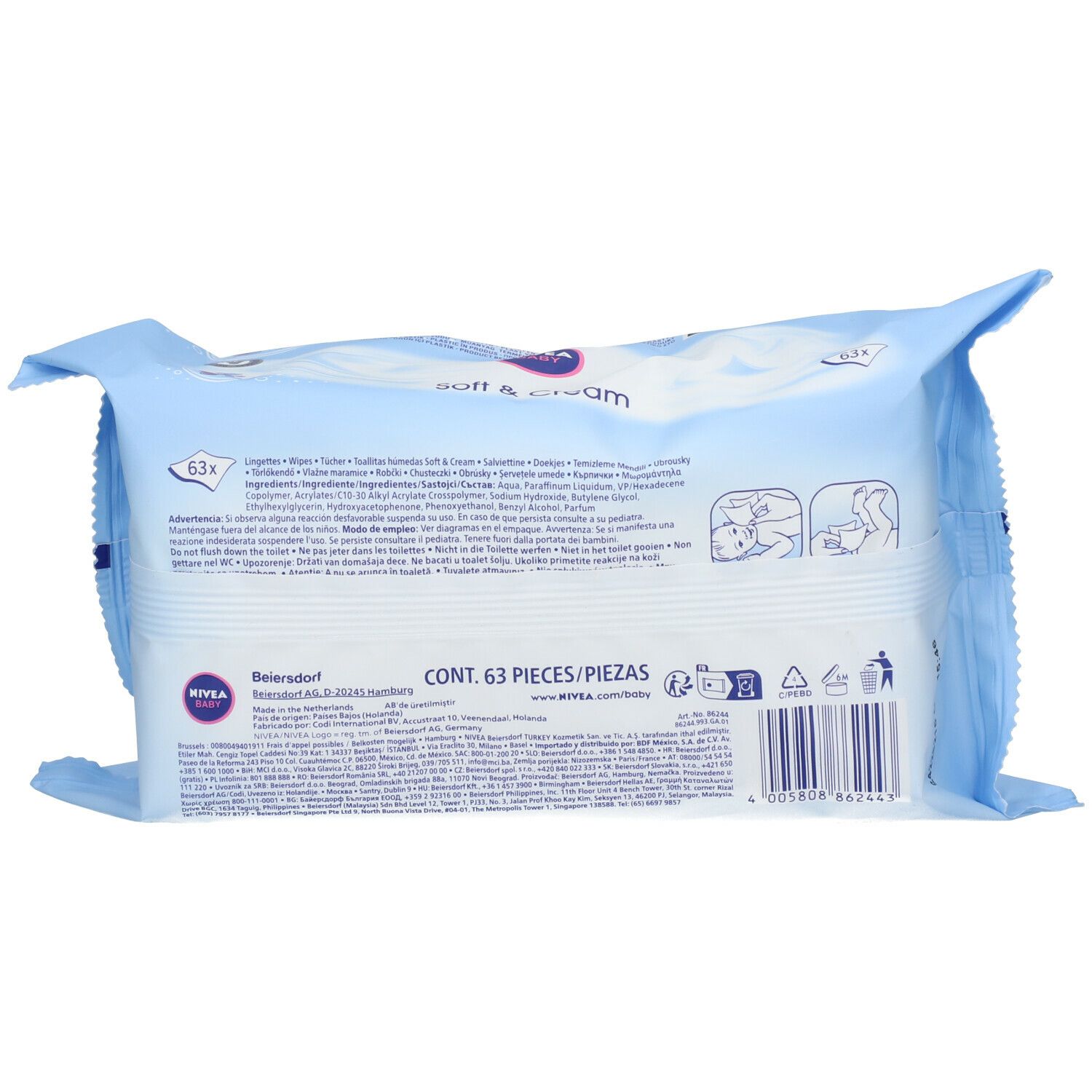 Rückseite der NIVEA BABY Soft & Cream Reinigungstücher-Verpackung. Enthält Produktinformationen und Anwendungsbeispiele.