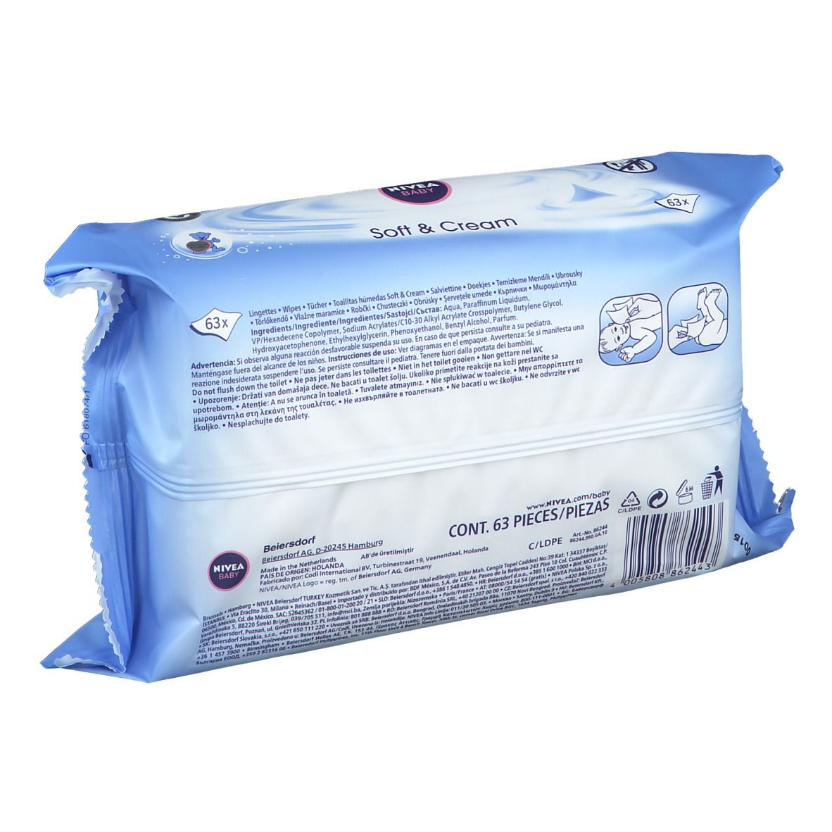 Rückansicht der NIVEA BABY Soft & Cream Reinigungstücher-Verpackung. Enthält Produktinformationen und Anwendungsbeispiele.