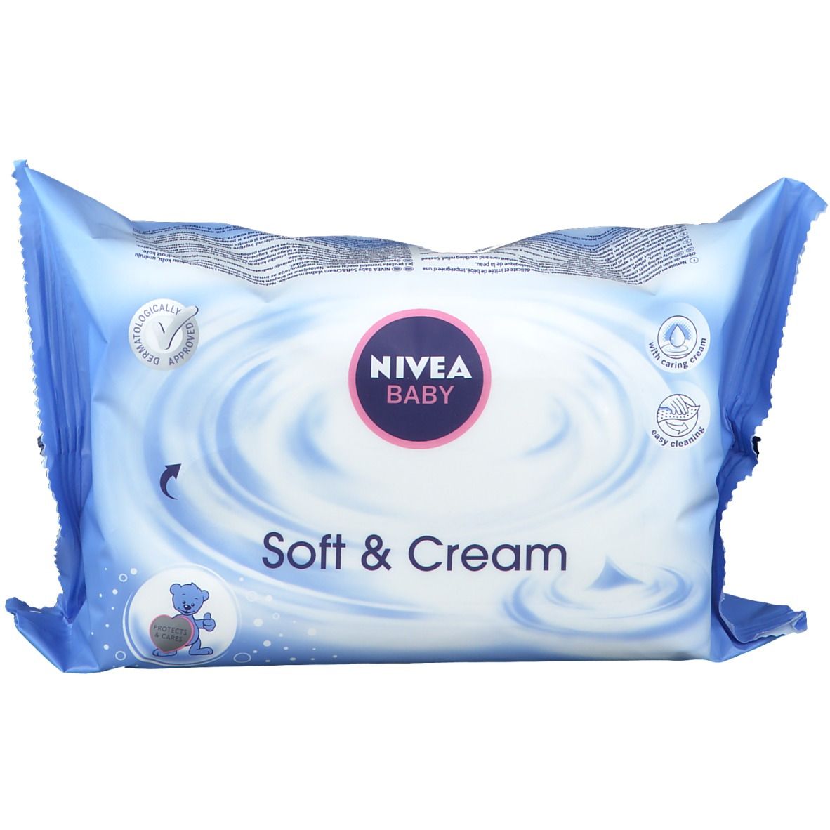 NIVEA BABY Soft & Cream Reinigungstücher. Blaue Verpackung mit Produktnamen und Logo. Enthält 63 Tücher.
