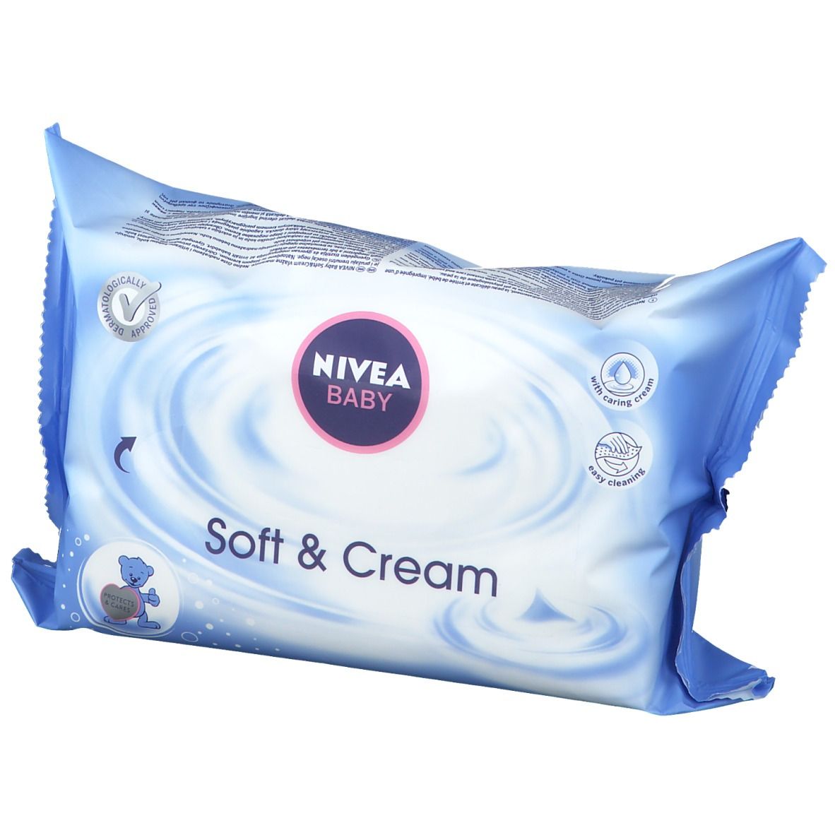 NIVEA BABY Soft & Cream Reinigungstücher. Blaue Verpackung mit Produktnamen und Logo. Enthält 63 Tücher.