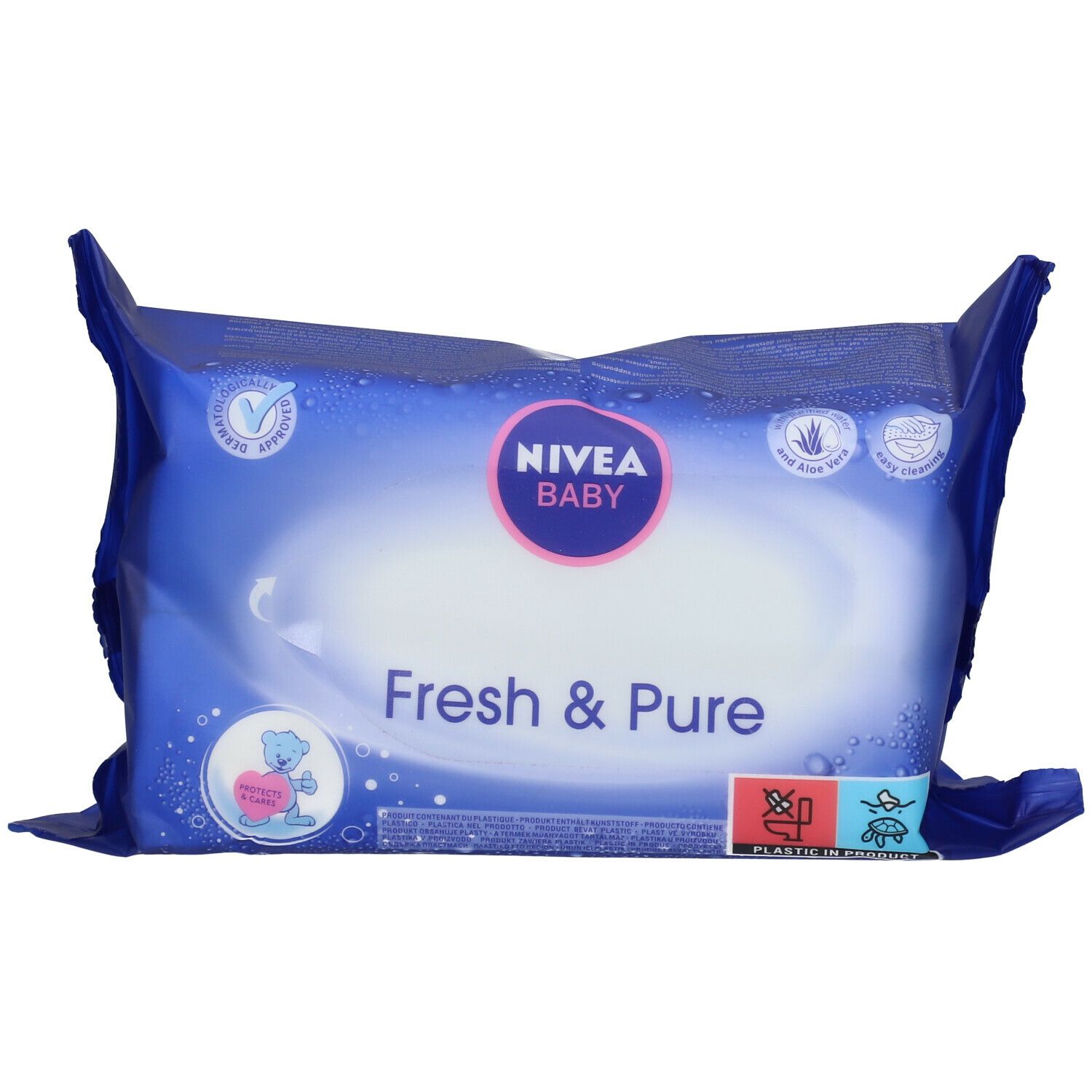 Blaues Paket NIVEA Baby Fresh & Pure Feuchttücher. Logo, Produktname und Illustrationen. Zertifizierungen und Symbole.