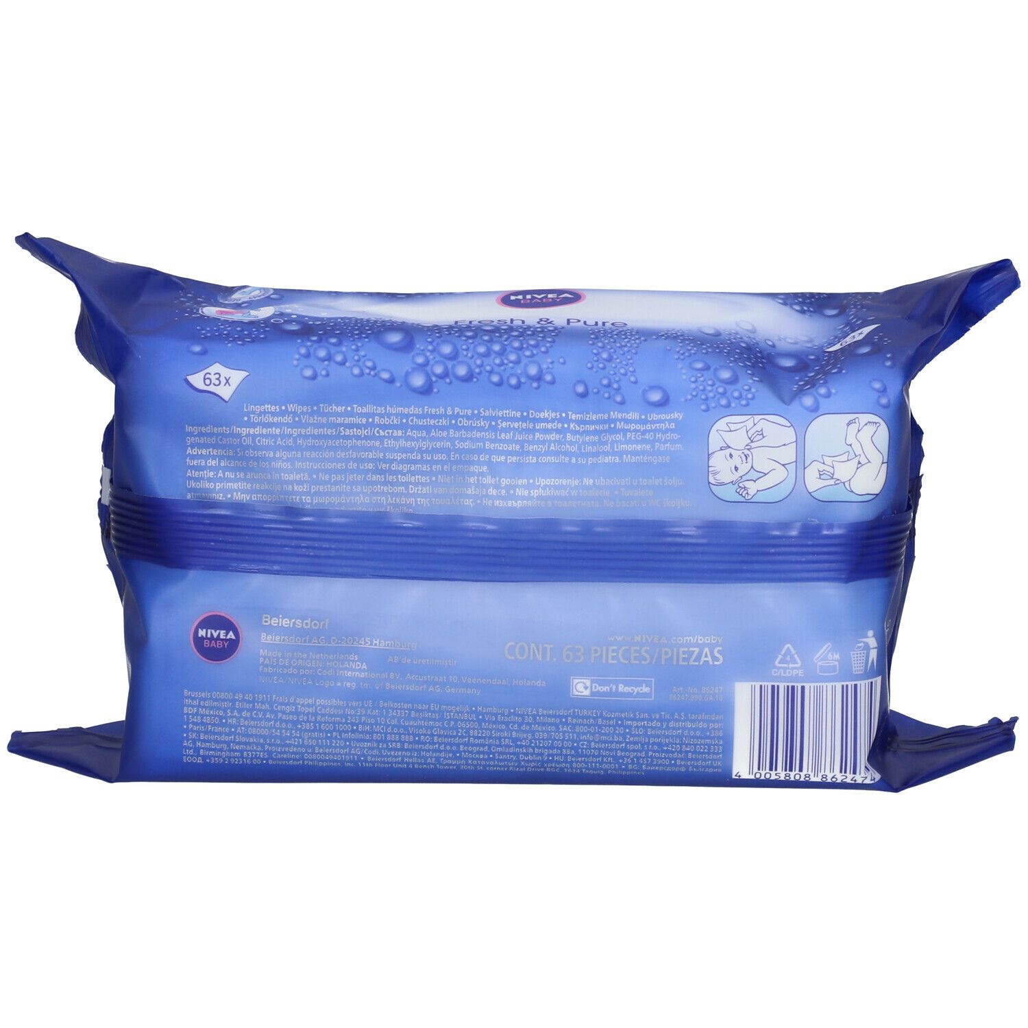 Rückseite des blauen Pakets NIVEA Baby Fresh & Pure Feuchttücher. Produktinformationen, Symbole und Barcode.