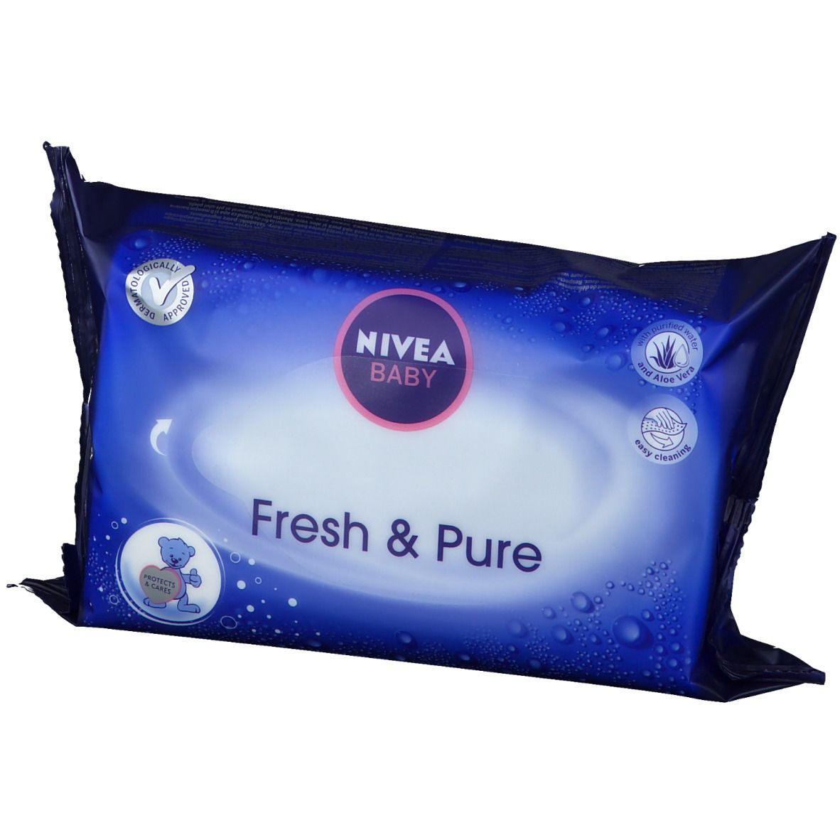 Blaues Paket NIVEA Baby Fresh & Pure Feuchttücher. Logo, Produktname und Illustrationen. Zertifizierungen und Symbole.