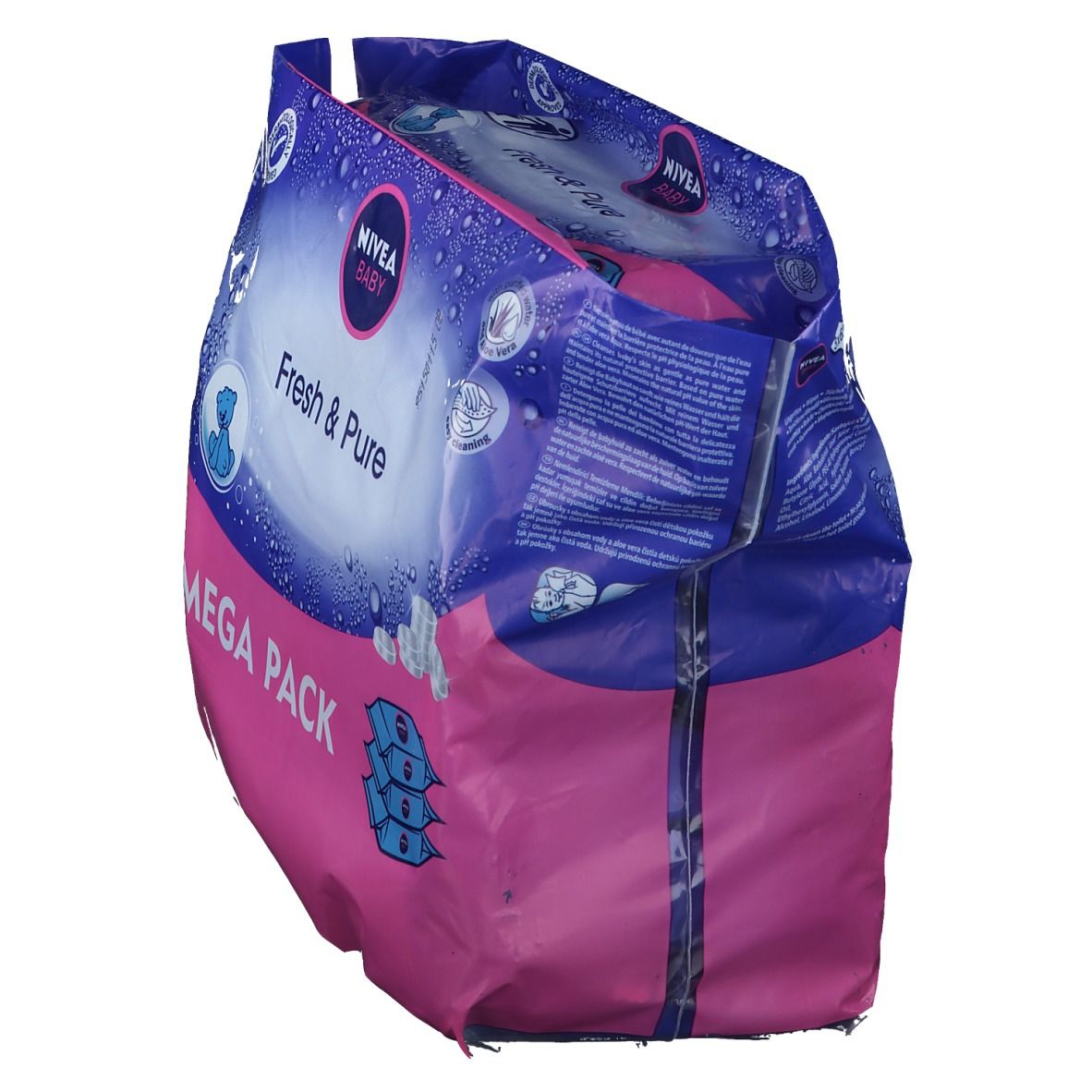 NIVEA Baby Fresh & Pure Feuchttücher Mega Pack, schräg von der Seite. Rosa-blaue Verpackung mit Produktnamen und Logo.