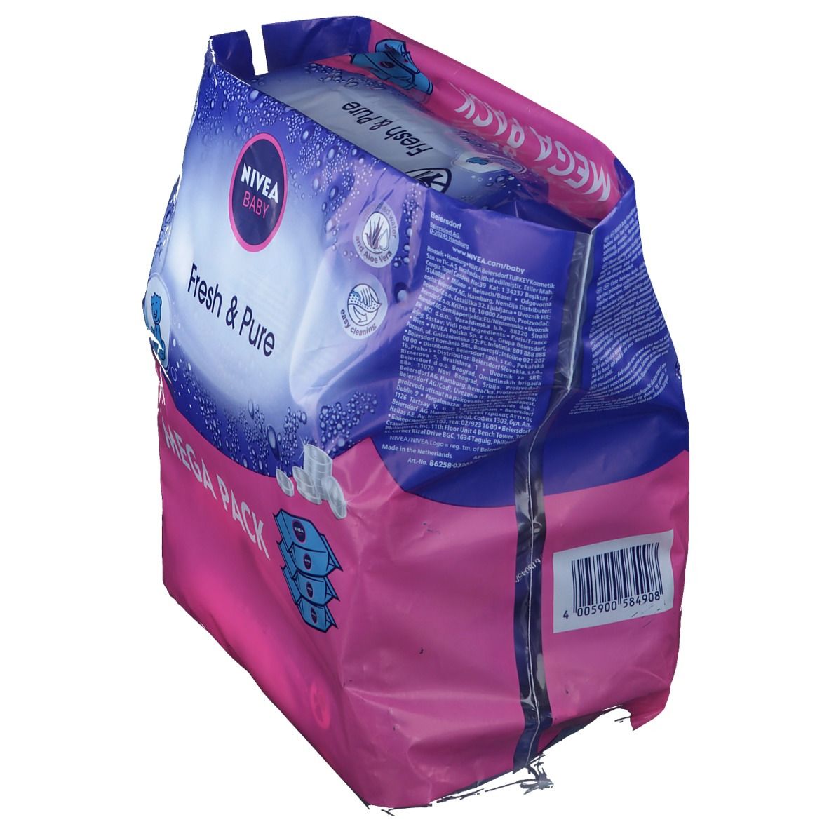 NIVEA Baby Fresh & Pure Feuchttücher Mega Pack, schräg von der Seite. Geöffnet, Feuchttücher sichtbar. Rosa-blaue Verpackung.