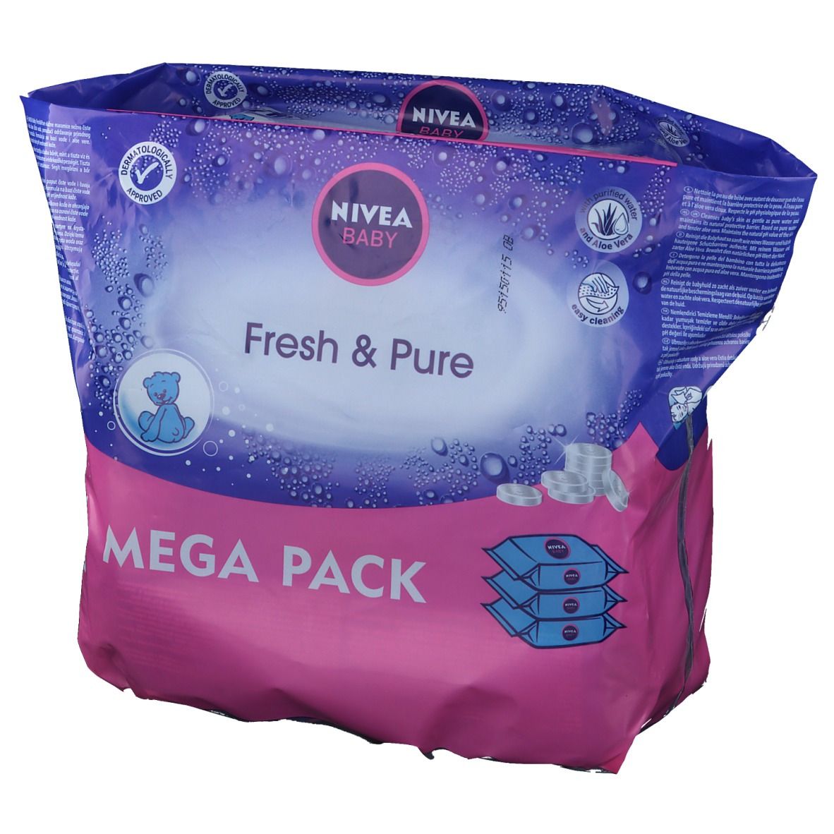 NIVEA Baby Fresh & Pure Feuchttücher Mega Pack. Rosa-blaue Verpackung mit Produktnamen und Logo. Dermatologisch getestet.