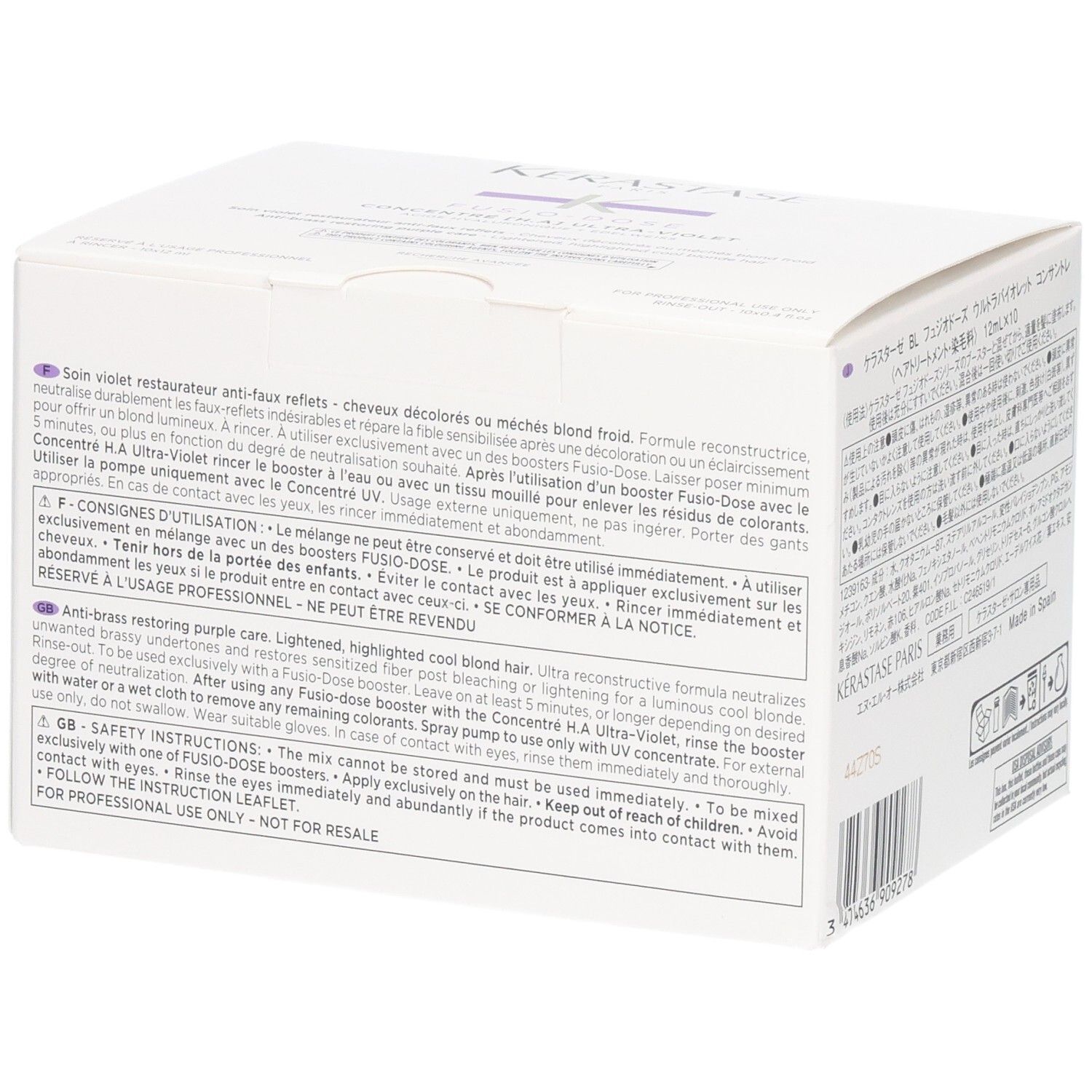 Weiße Produktbox mit lila und schwarzem Text. Enthält Haarpflegeprodukt.