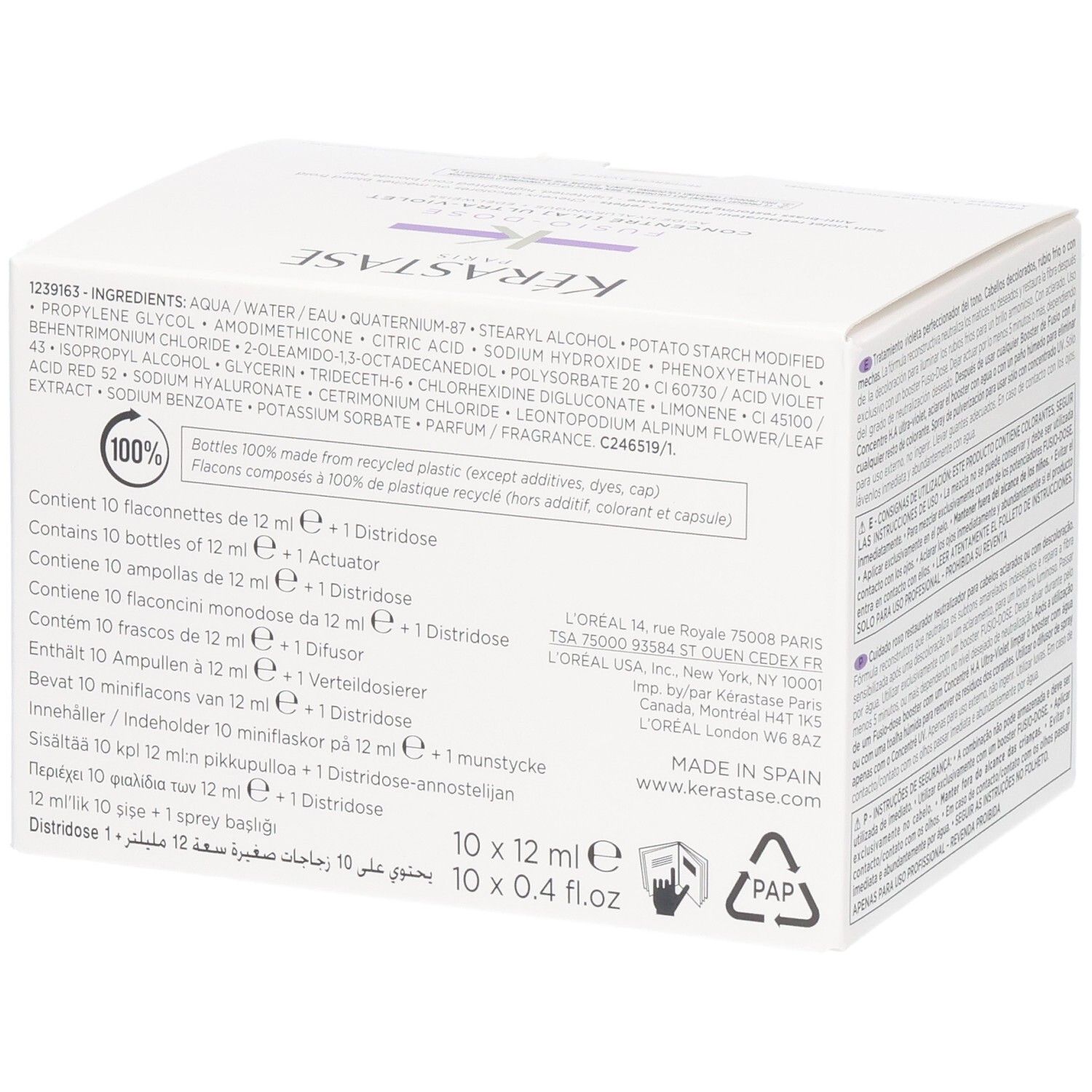 Kérastase Ampullen-Box mit 10 x 12 ml Fläschchen. Enthält Inhaltsstoffe und Recycling-Informationen.