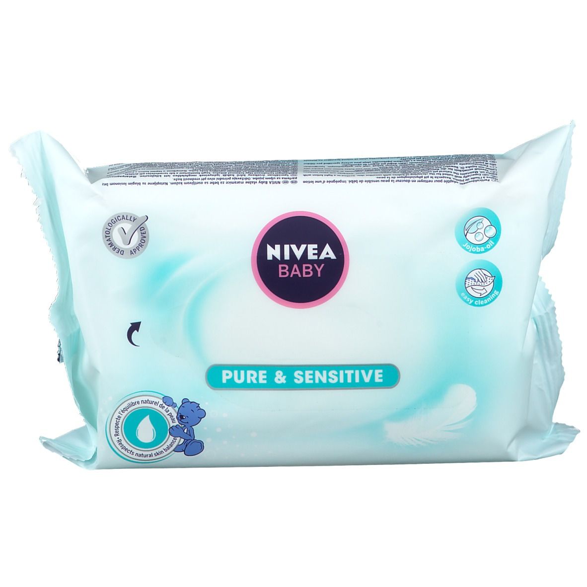 NIVEA Baby Pure & Sensitive Reinigungstücher. Hellblaue Verpackung mit Produktnamen und Logos. Ökologisches Siegel.