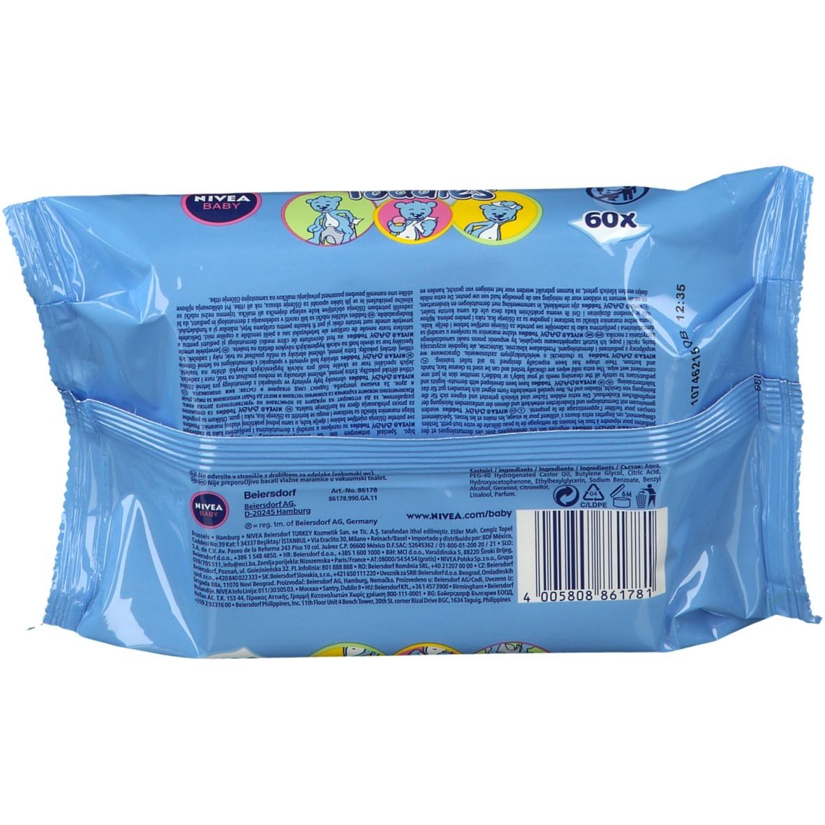 Dos de l'emballage bleu clair NIVEA Baby Toddies. Texte et code-barres visibles. Contient 60 lingettes.