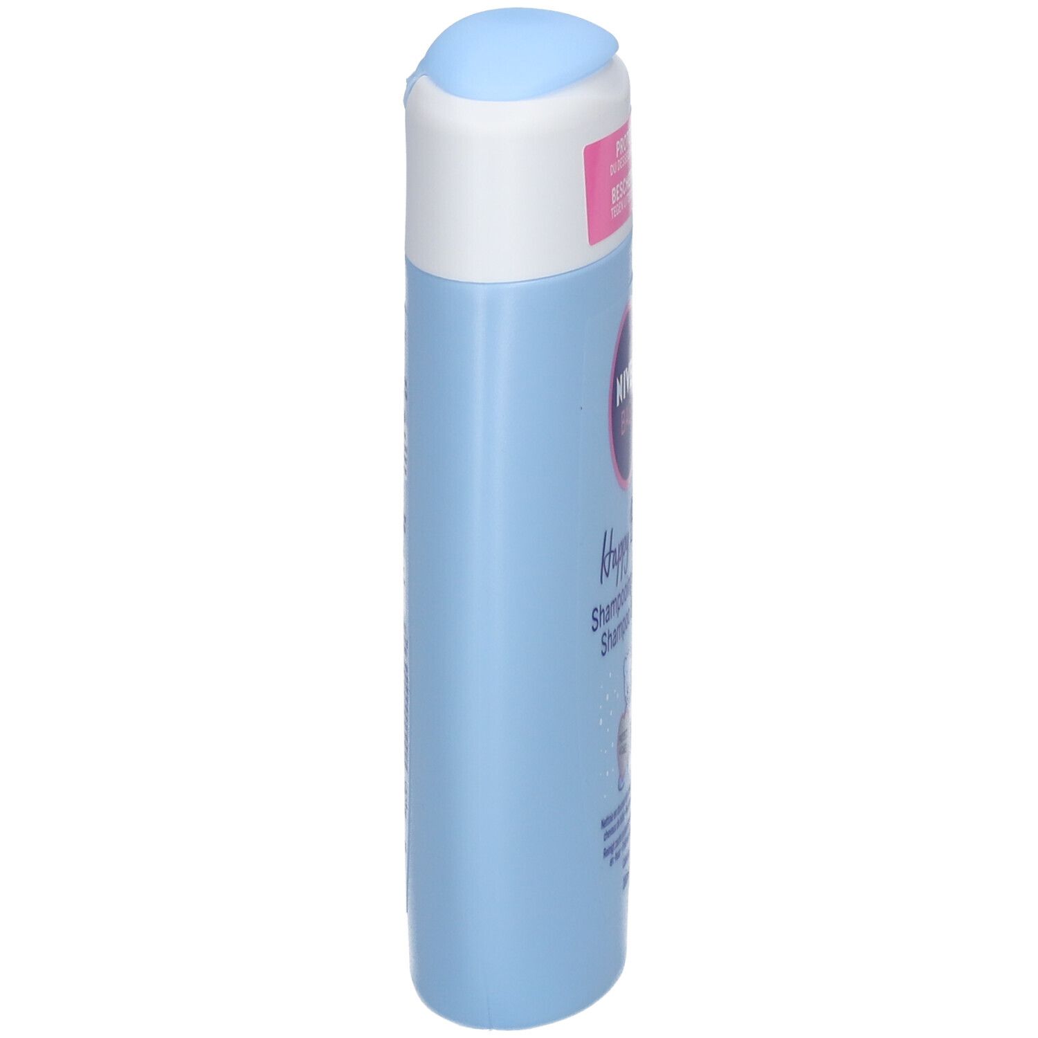 Hellblaue Flasche NIVEA Baby Happy Bath Shampoo & Bad. Weißer Deckel und rosa Etikett.