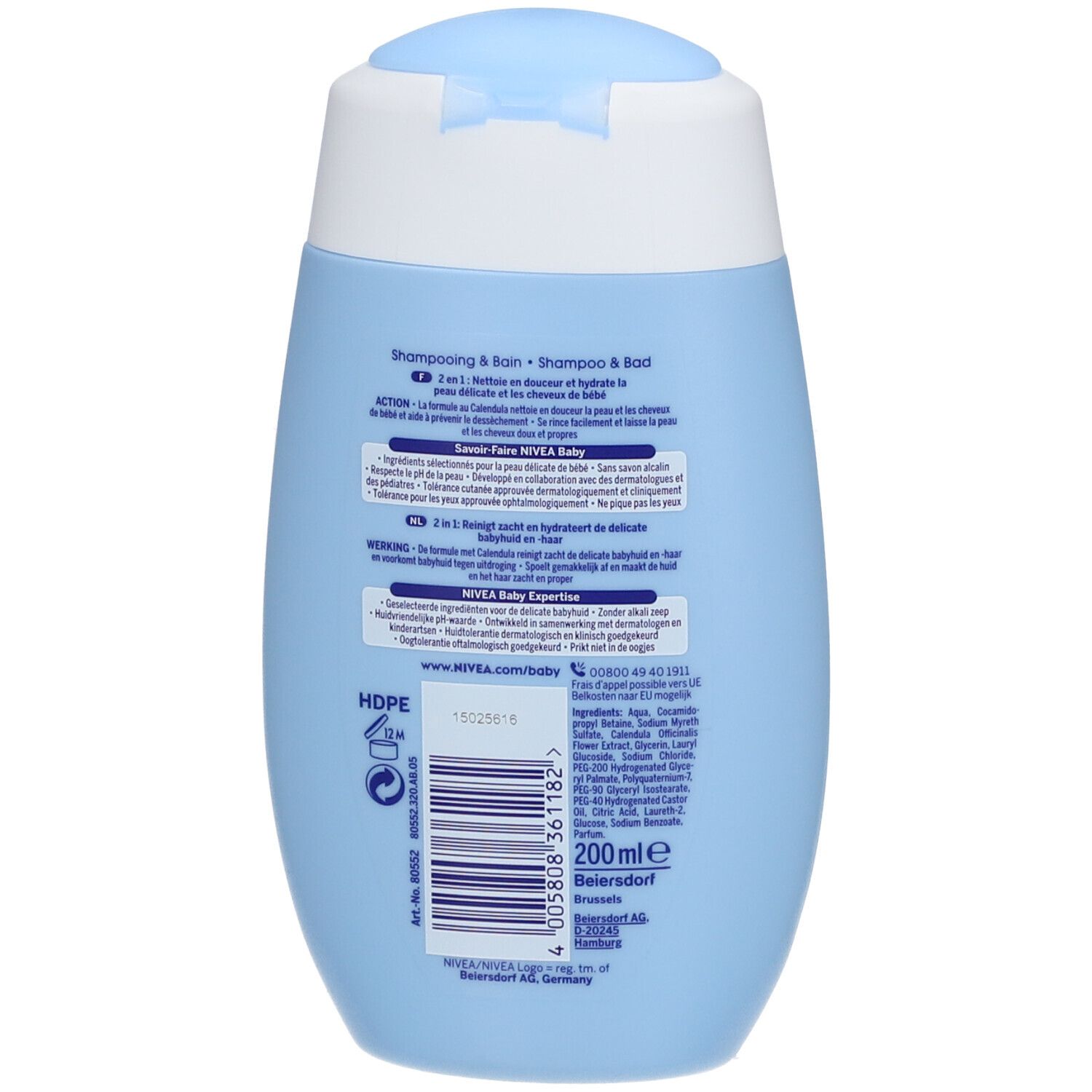 Rückseite der hellblauen Flasche NIVEA Baby Happy Bath Shampoo & Bad. Text und Inhaltsstoffe.