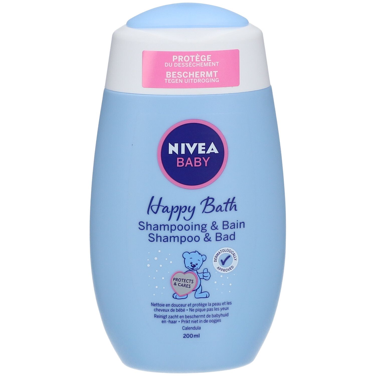 Hellblaue Flasche NIVEA Baby Happy Bath Shampoo & Bad. Rosa Etikett mit Text. Blauer Deckel.