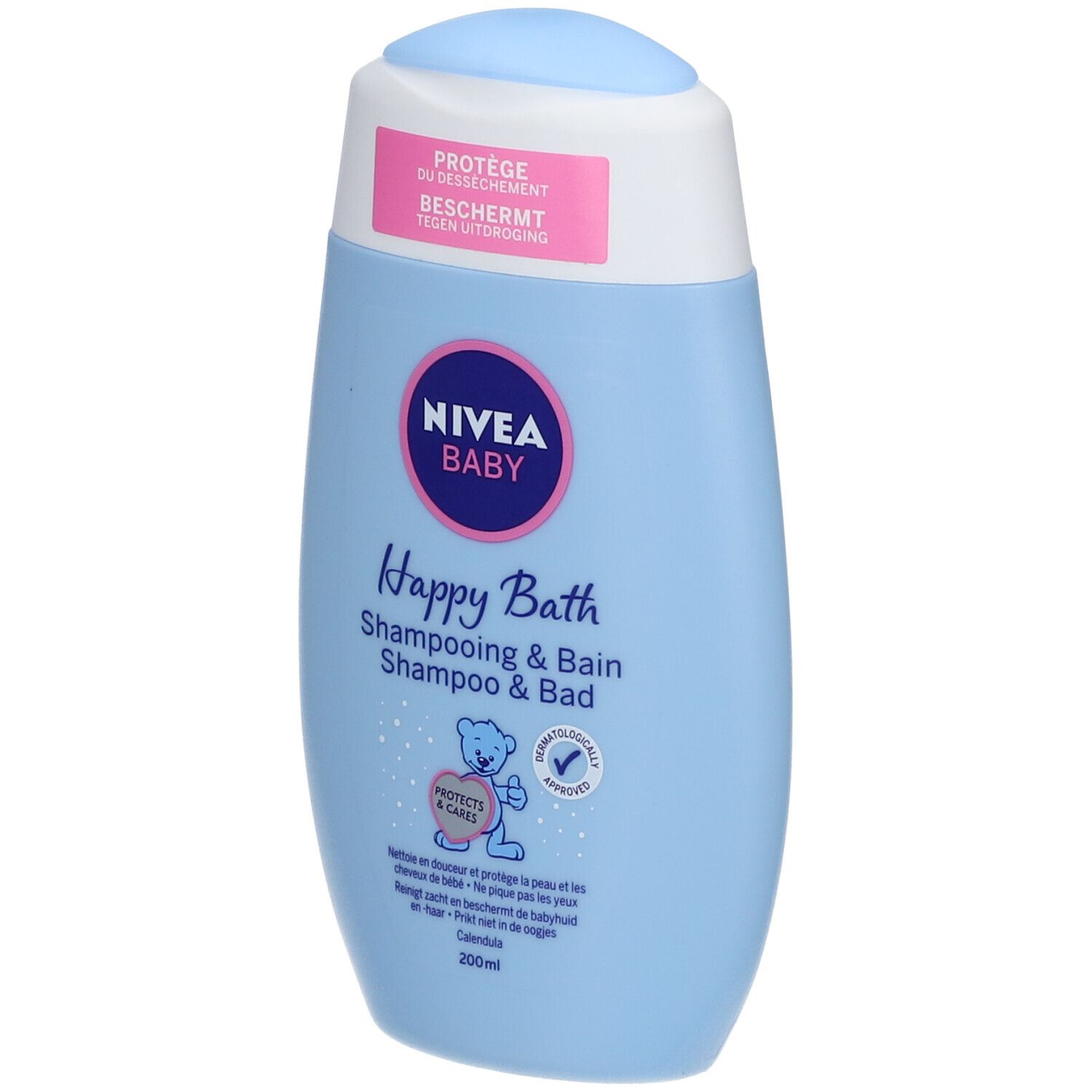 Hellblaue Flasche NIVEA Baby Happy Bath Shampoo & Bad. Rosa Etikett mit Text. Blauer Deckel.