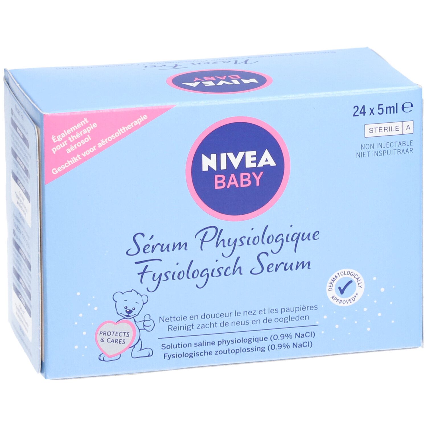 Hellblaue Schachtel mit NIVEA BABY Logo. Enthält 24 x 5ml Serum. Text: Sérum Physiologique, Fysiologisch Serum. Mit Teddybär-Illustration.