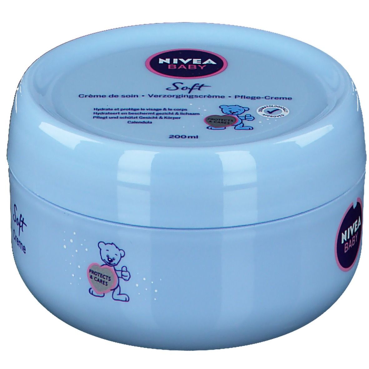 Hellblaue Dose mit Deckel. Aufschrift: NIVEA BABY Soft Pflege-Creme. Rosa Logo. Teddybär-Illustrationen. Text in Deutsch, Französisch, Niederländisch.