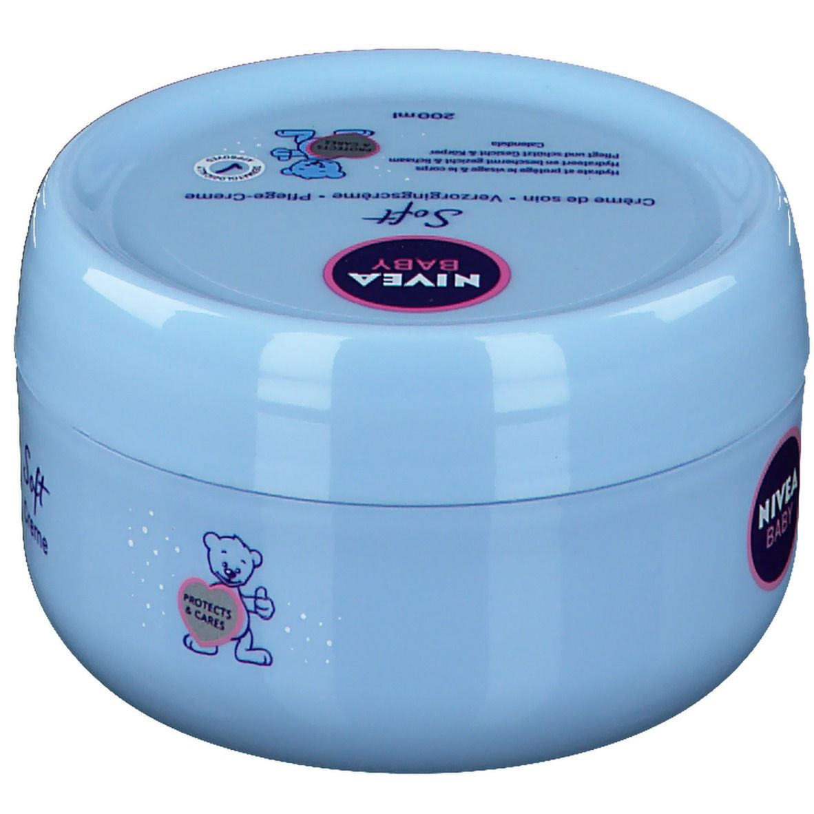 Hellblaue Dose mit Deckel. Aufschrift: NIVEA BABY Soft Pflege-Creme. Rosa Logo. Teddybär-Illustrationen. Text in Deutsch, Französisch, Niederländisch.