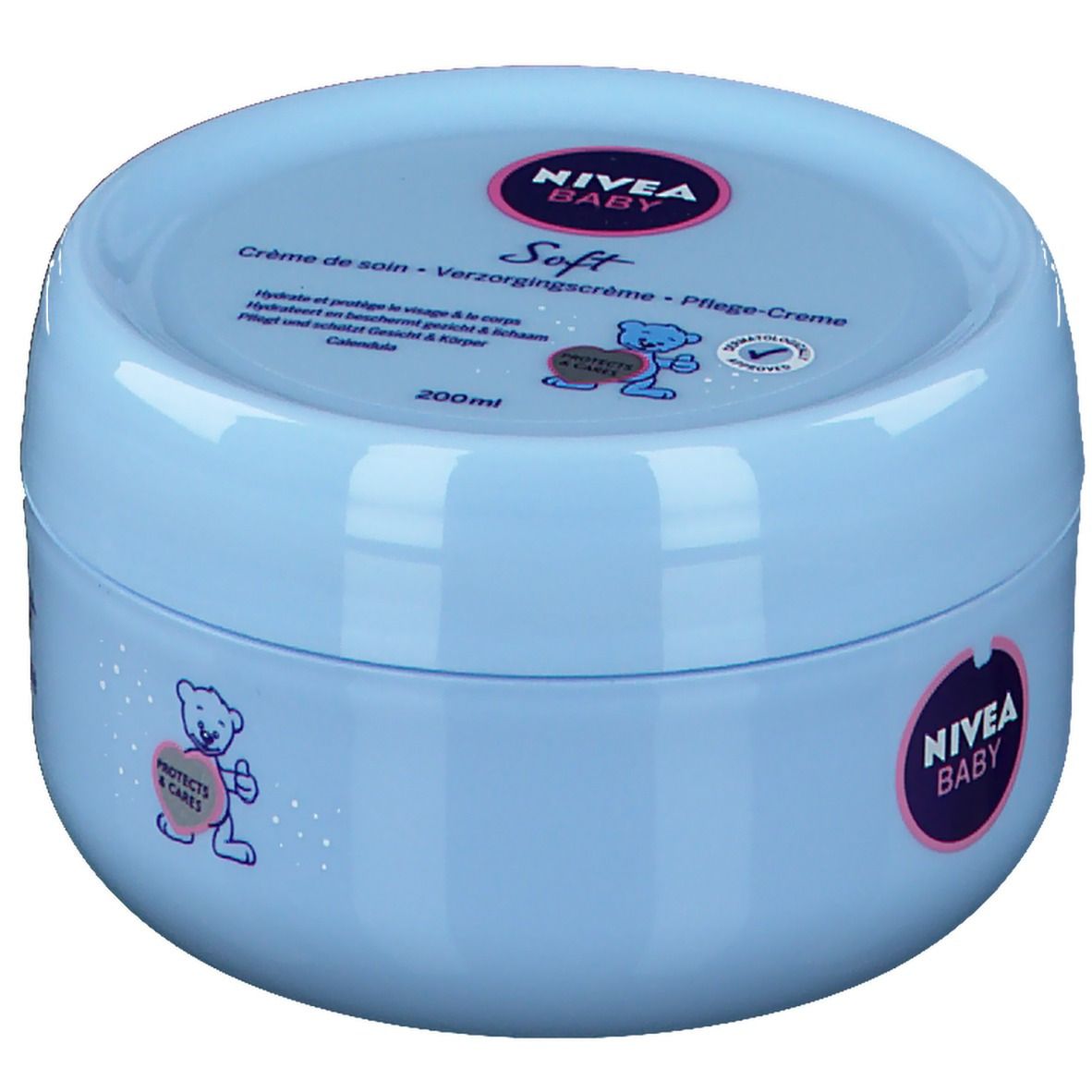 Hellblaue Dose mit Deckel. Aufschrift: NIVEA BABY Soft Pflege-Creme. Rosa Logo. Teddybär-Illustrationen. Text in Deutsch, Französisch, Niederländisch.