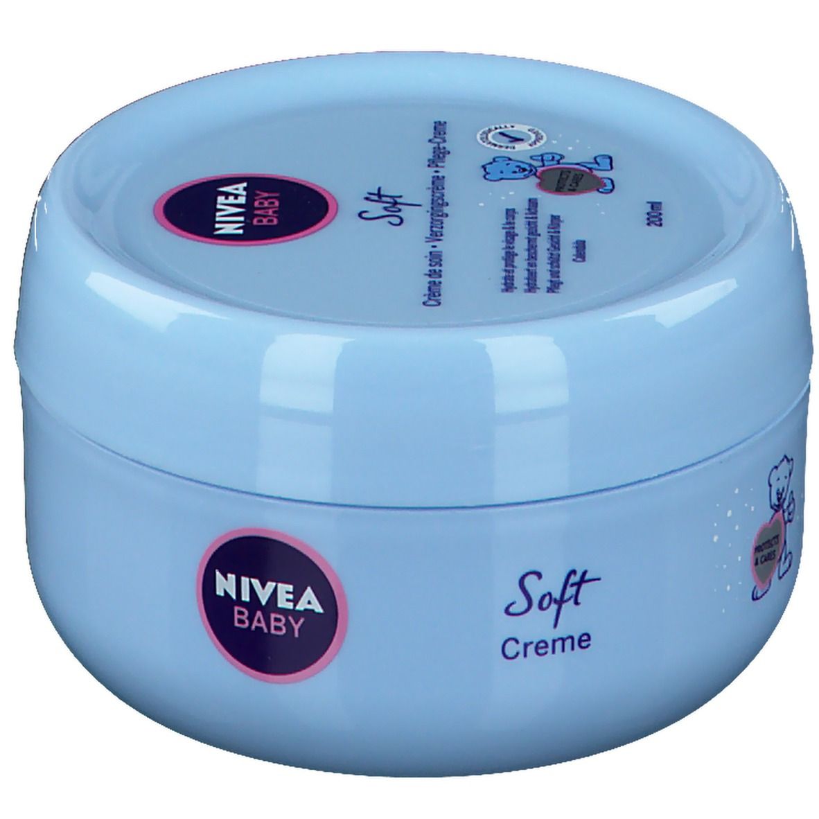 Hellblaue Dose mit Deckel. Aufschrift: NIVEA BABY Soft Creme. Rosa Logo. Teddybär-Illustrationen. Text in Deutsch, Französisch, Niederländisch.