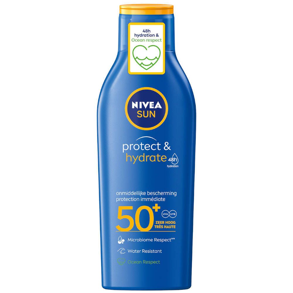 Blaue Flasche mit gelbem Deckel. NIVEA SUN protect & hydrate, LSF 50+. 48h Feuchtigkeit. Ocean Respect.