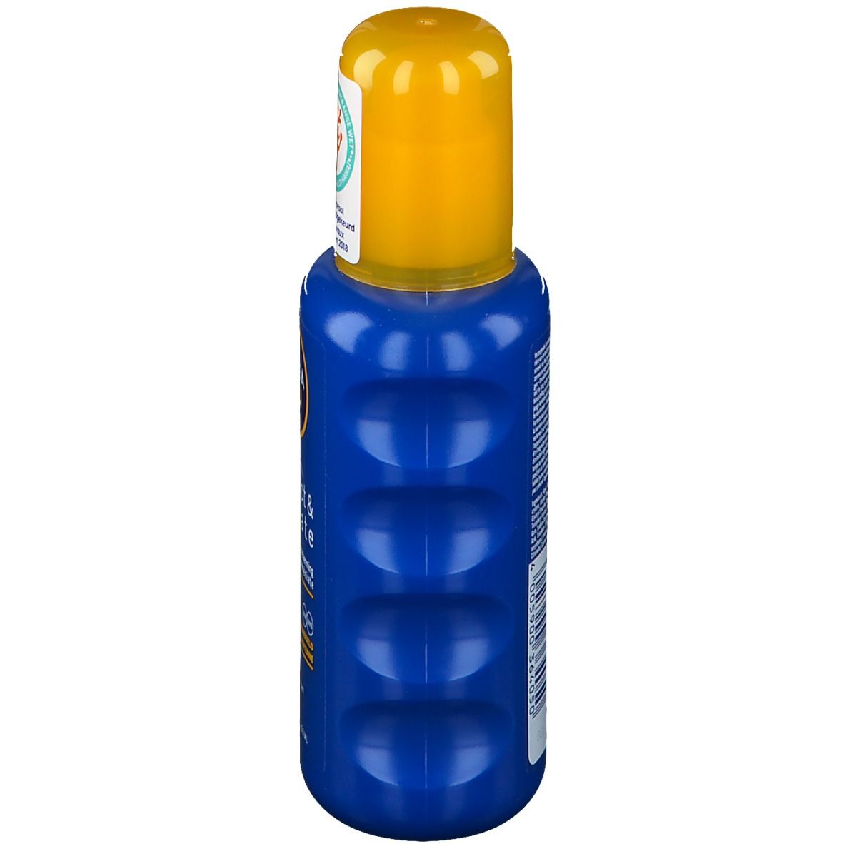 Blauwe fles met gele dop. Vier concave, langwerpige uitsparingen aan de zijkant.