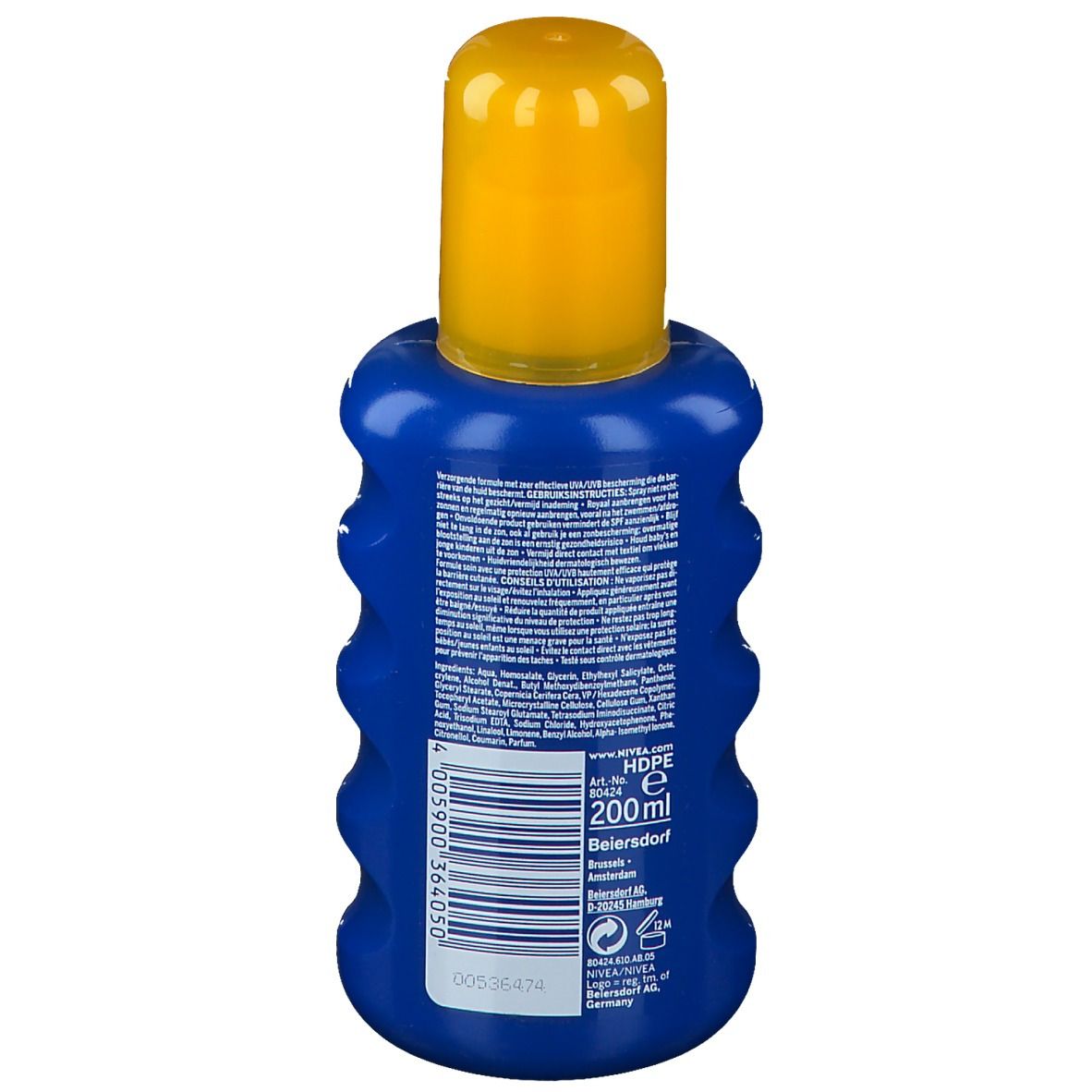 Blauwe fles met gele dop. Achterkant met tekst. Fabrikantinformatie en barcode.