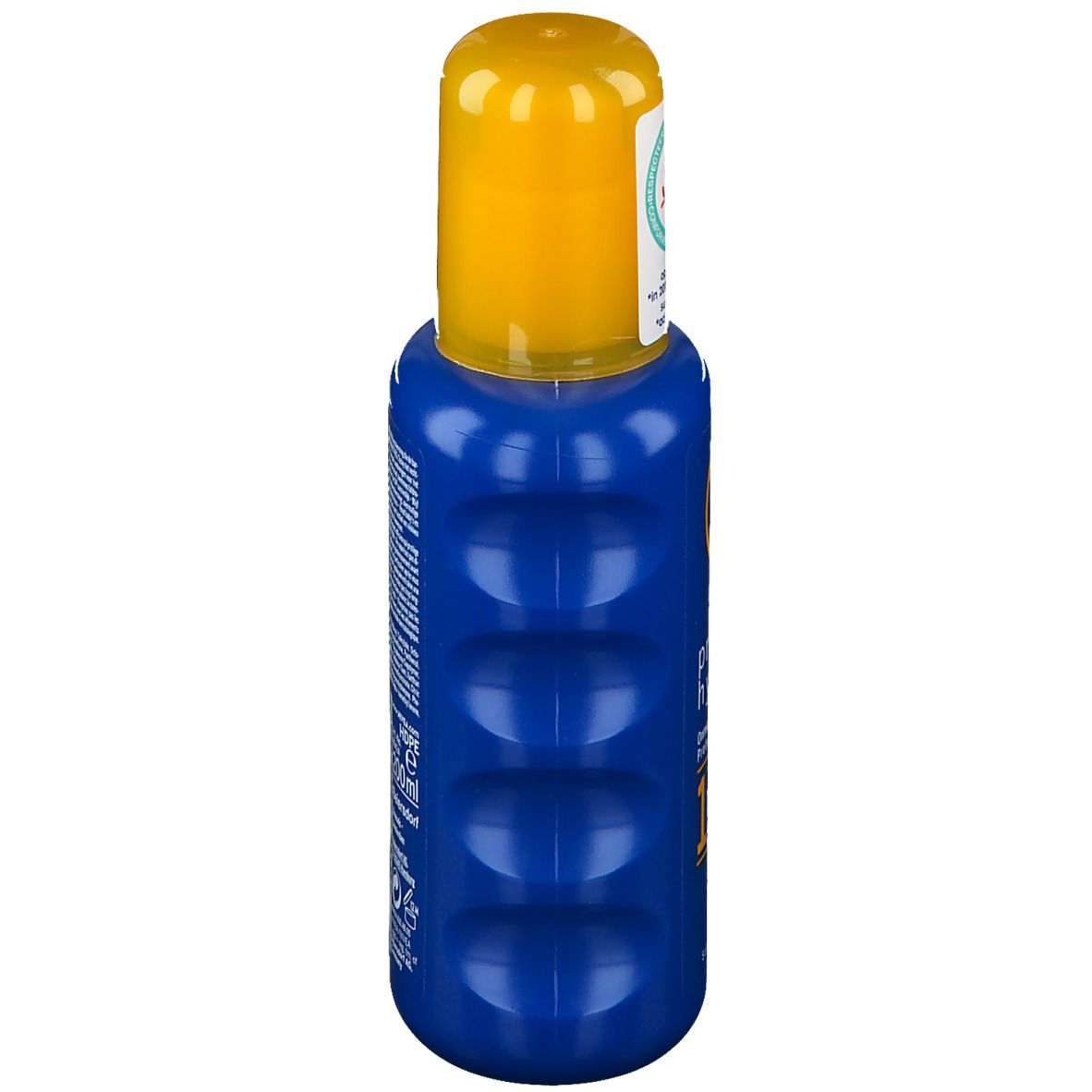 Blauwe fles met gele dop. Vier concave, langwerpige uitsparingen aan de zijkant.