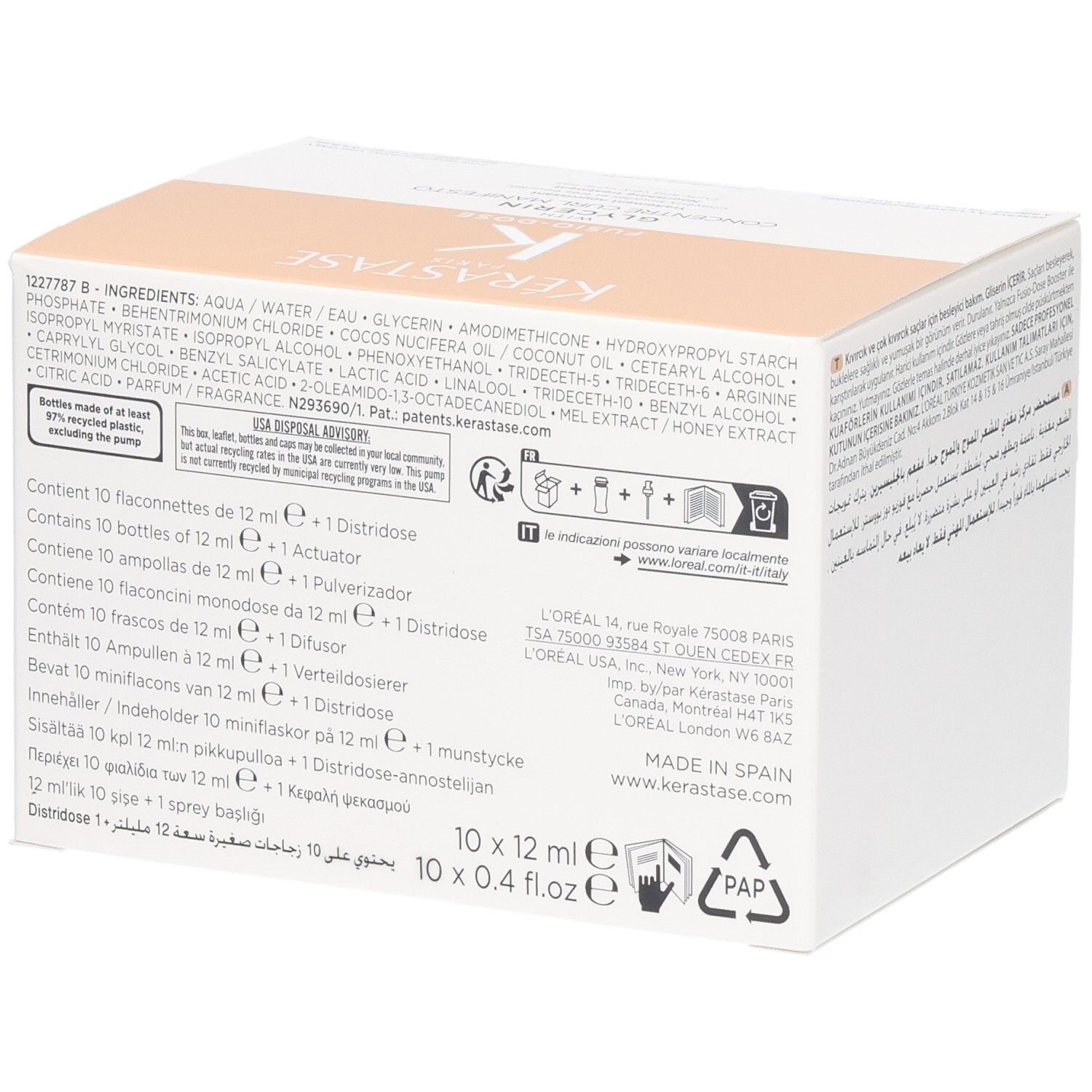 Kérastase Fusio-Dose Concentré Curl Manifesto Box, Seite mit Inhaltsstoffen und Mengen.