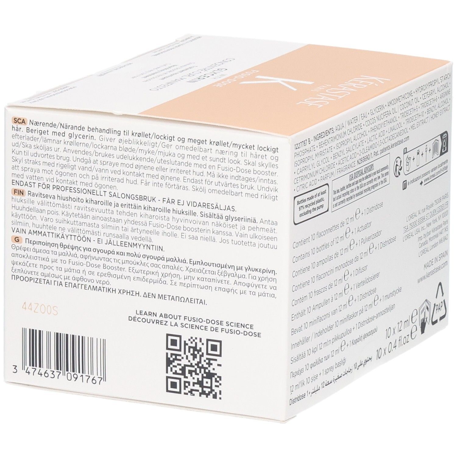 Kérastase Fusio-Dose Concentré Curl Manifesto Box, Seite mit Anwendungshinweisen.