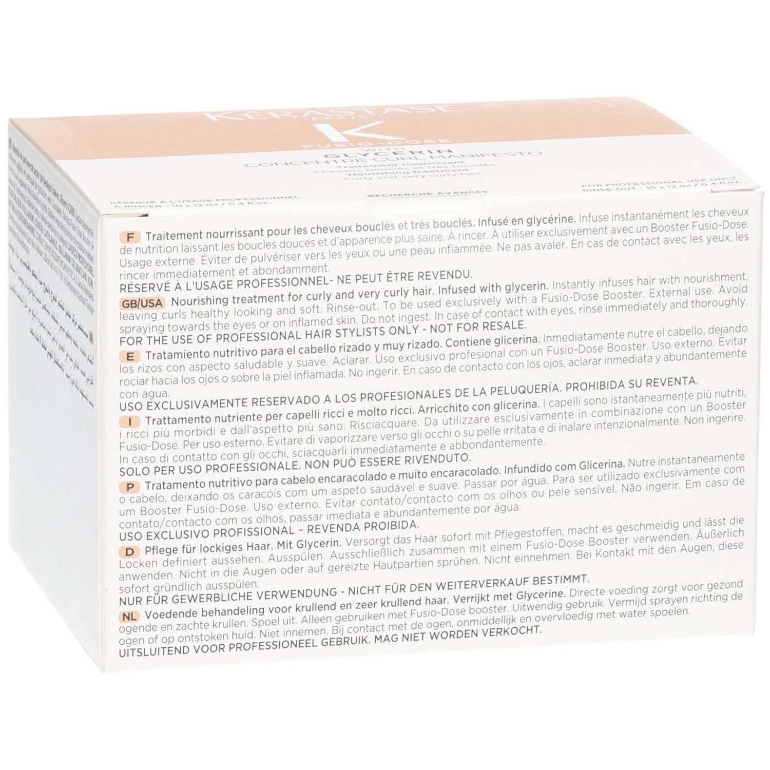 Kérastase Fusio-Dose Concentré Curl Manifesto Box, Seite mit Anwendungshinweisen.