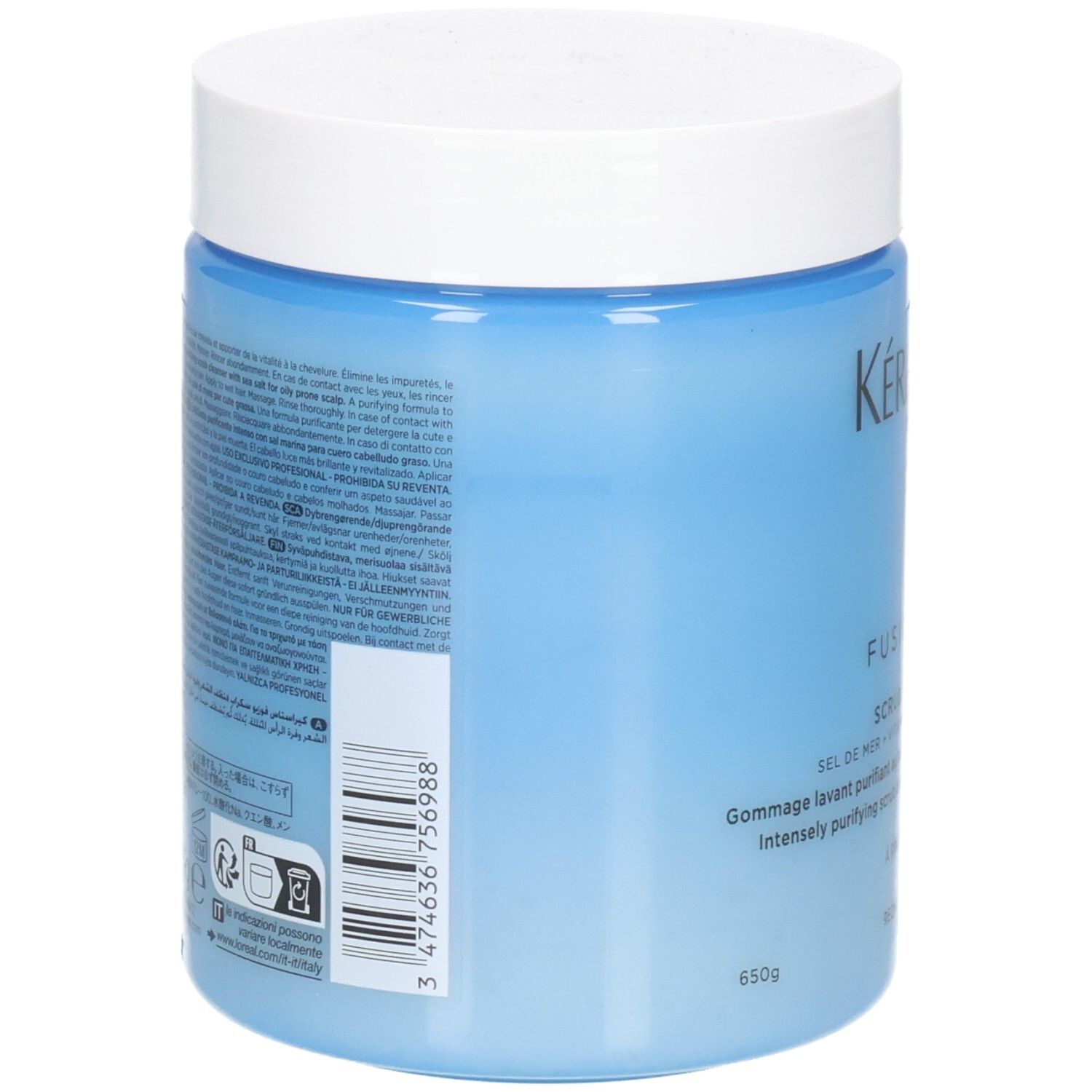 Kérastase Fusio-Scrub: Rückseite des Behälters mit Produktinformationen und Barcode.