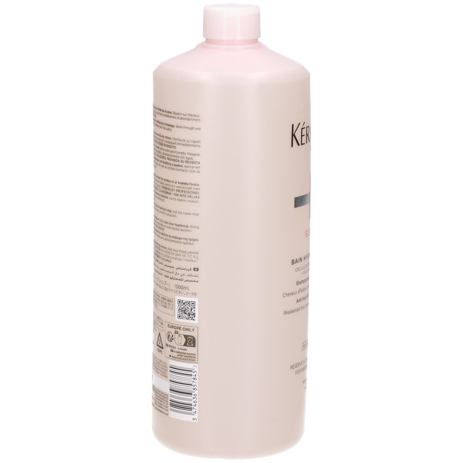 Rückseite der Kérastase Genesis Bain Hydra-Fortifiant Shampoo 1000ml Flasche mit Anwendungsinformationen.