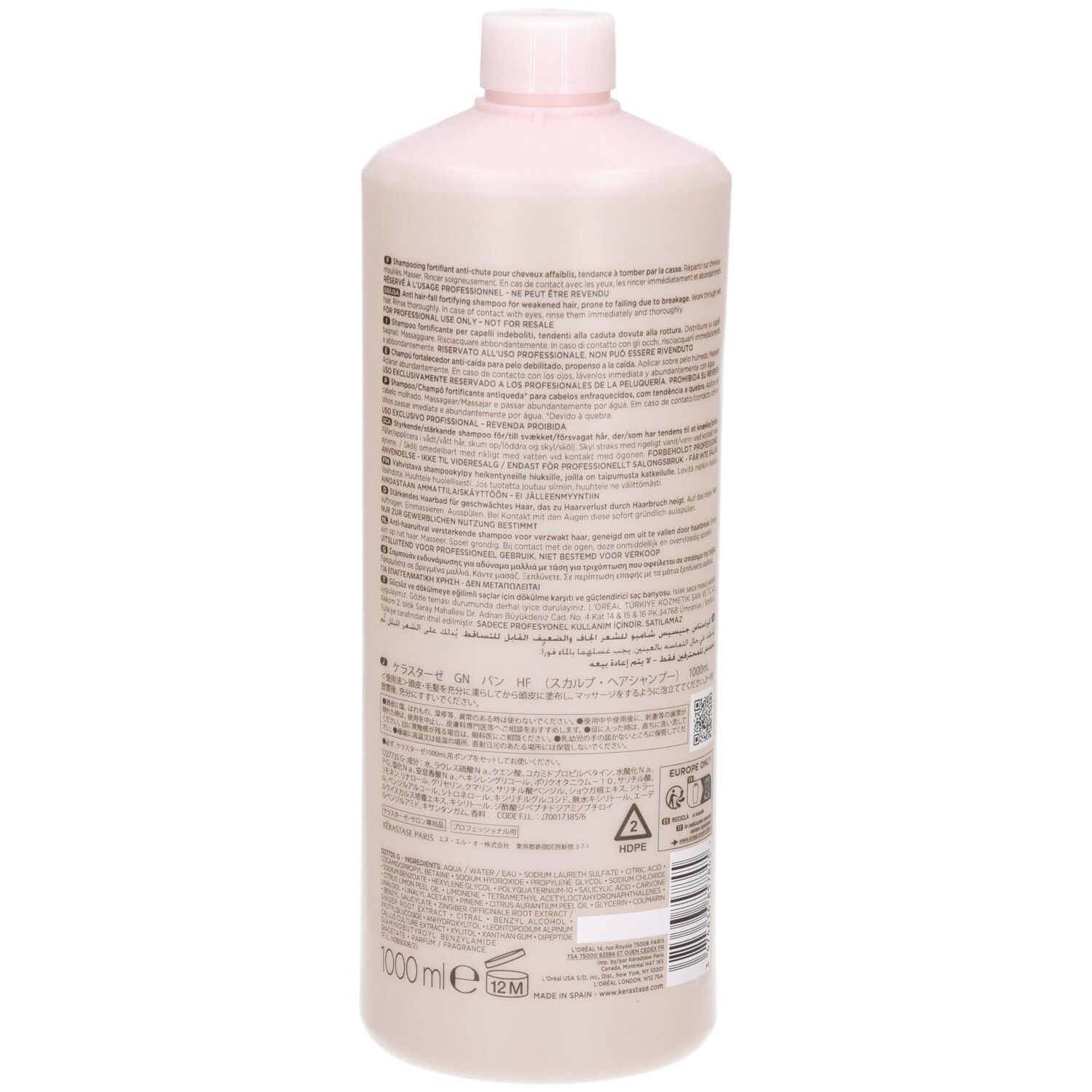 Rückseite der Kérastase Genesis Bain Hydra-Fortifiant Shampoo 1000ml Flasche mit detaillierten Informationen und Barcode.