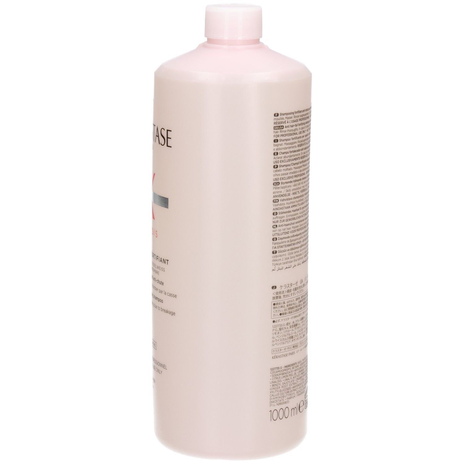 Seitenansicht der Kérastase Genesis Bain Hydra-Fortifiant Shampoo 1000ml Flasche mit Textinformationen.