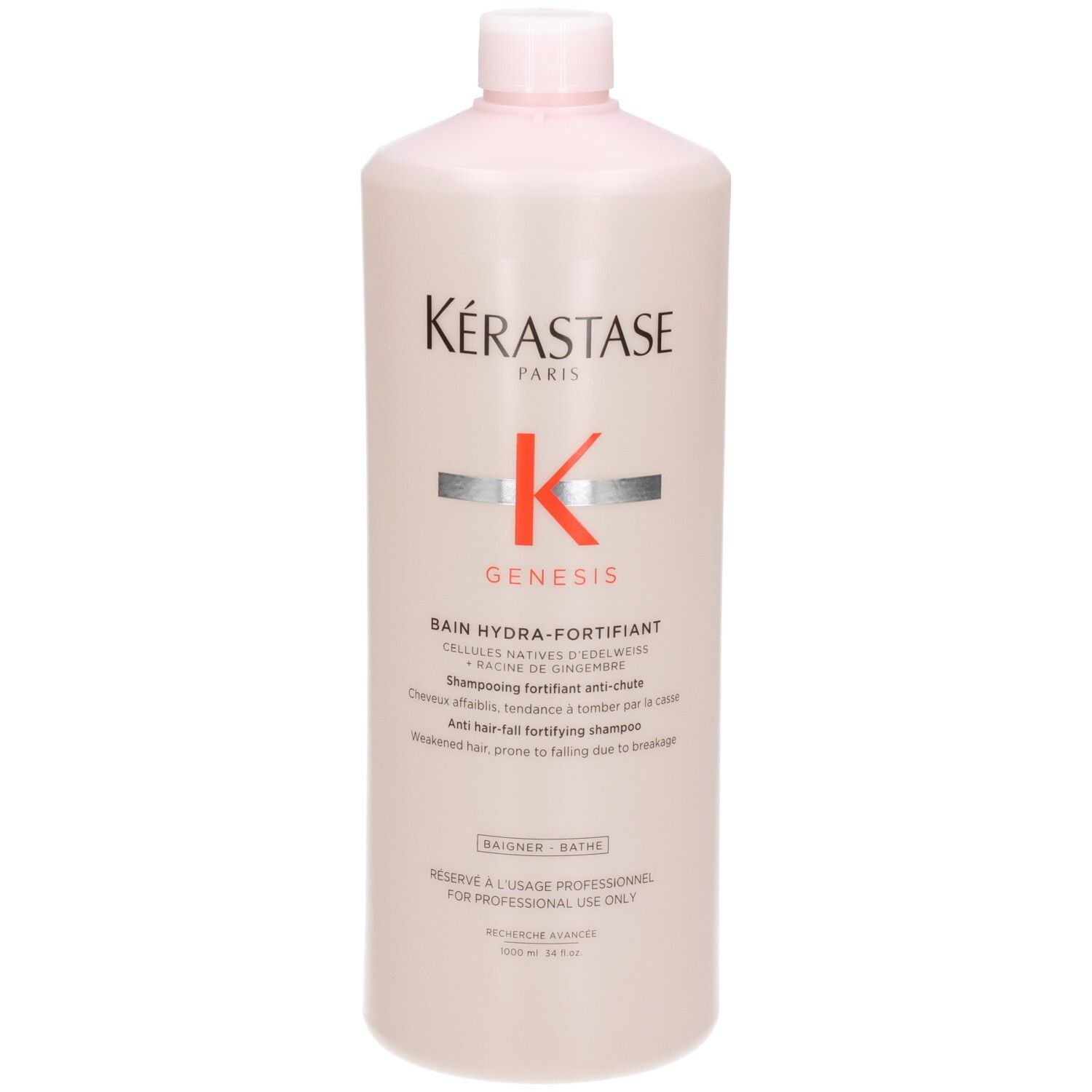 Vorderansicht der Kérastase Genesis Bain Hydra-Fortifiant Shampoo 1000ml Flasche mit Logo und Produktbezeichnung.