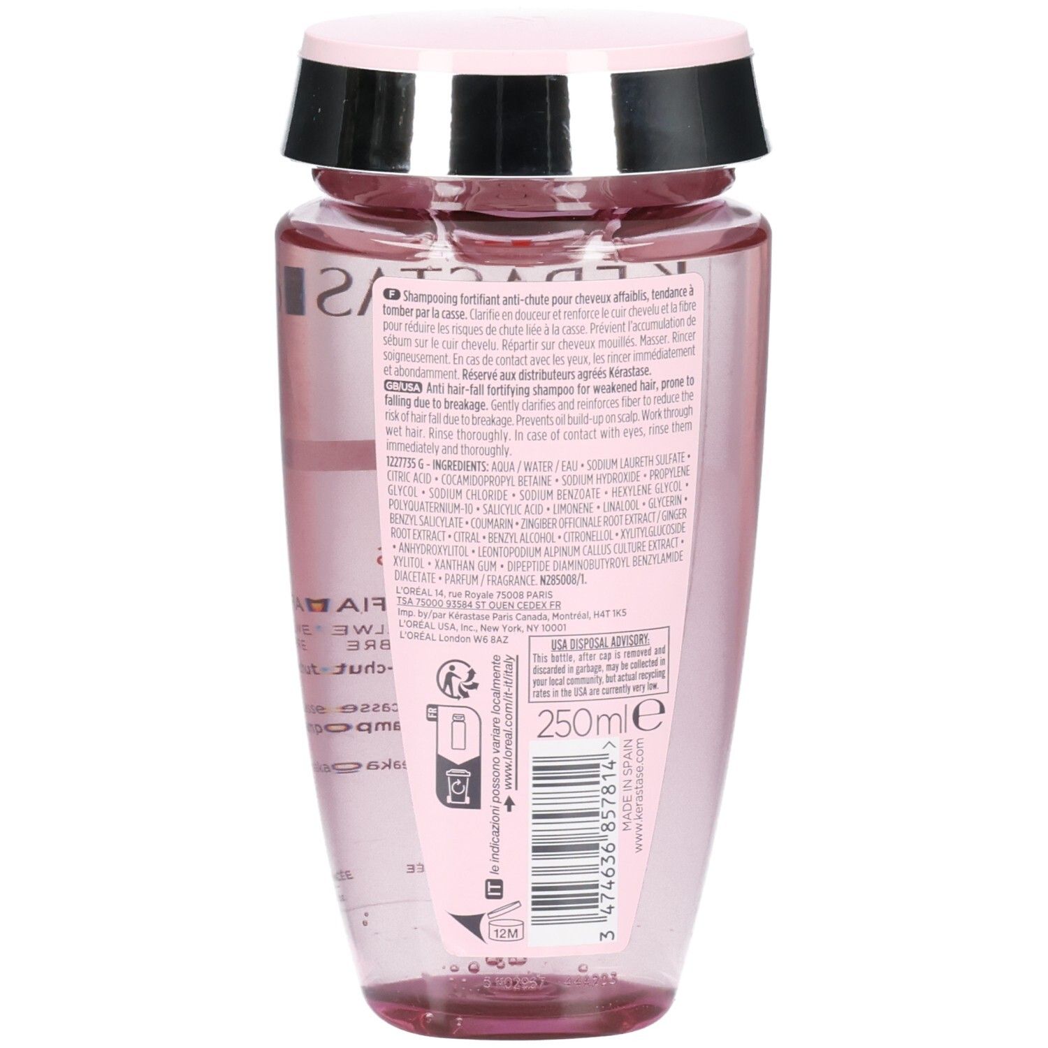 Rückseite der Kérastase Genesis Bain Hydra-Fortifiant Shampoo Flasche mit Inhaltsstoffen und Volumen.