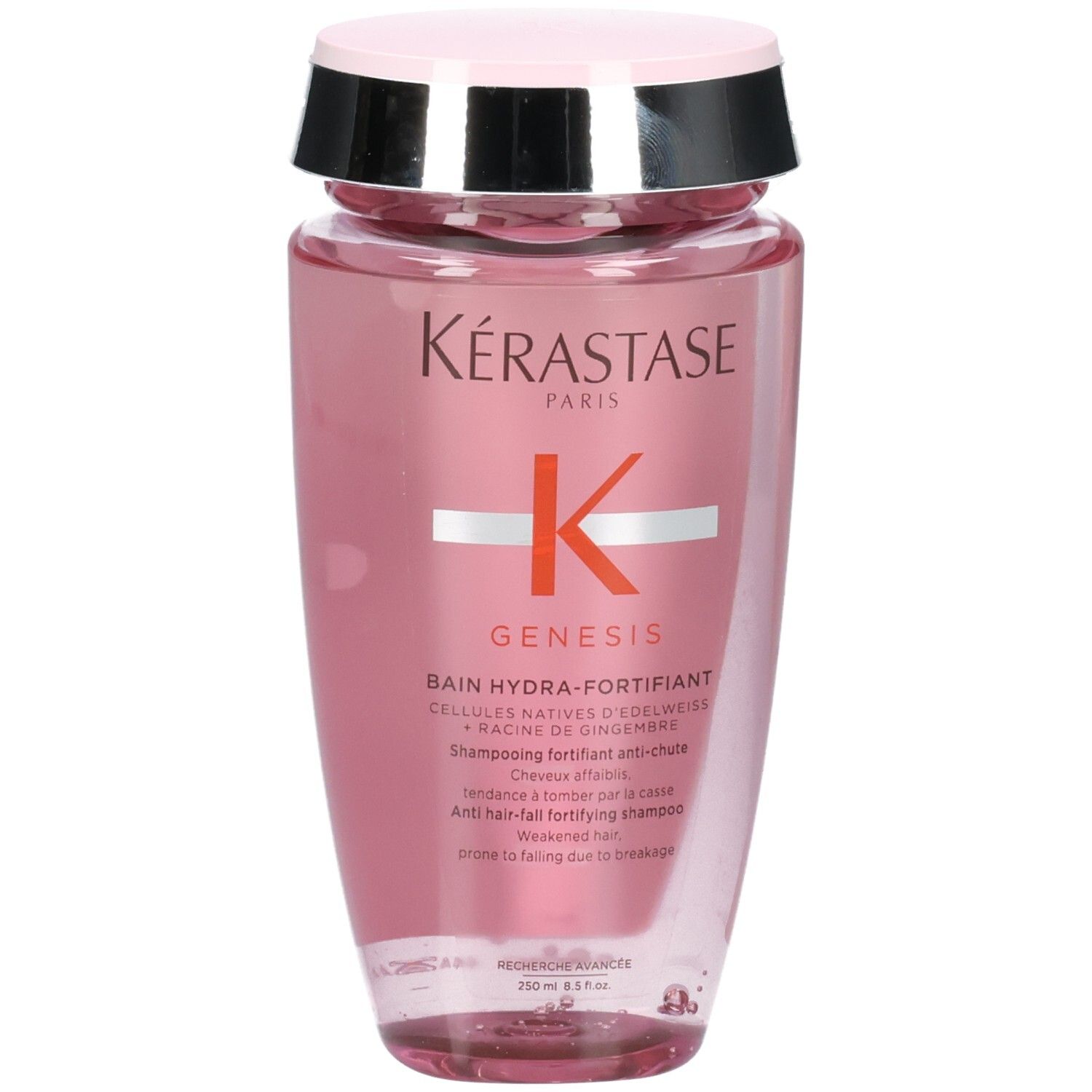 Kérastase Genesis Bain Hydra-Fortifiant Shampoo, 250ml, in rosa Flasche.
