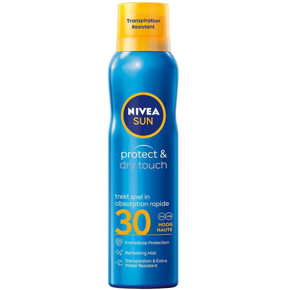 Blau-gelbe Sprühflasche mit NIVEA SUN, protect & dry touch, SPF 30. Text: Immediate Protection, Refreshing Mist, Transpiration & Water Resistant.