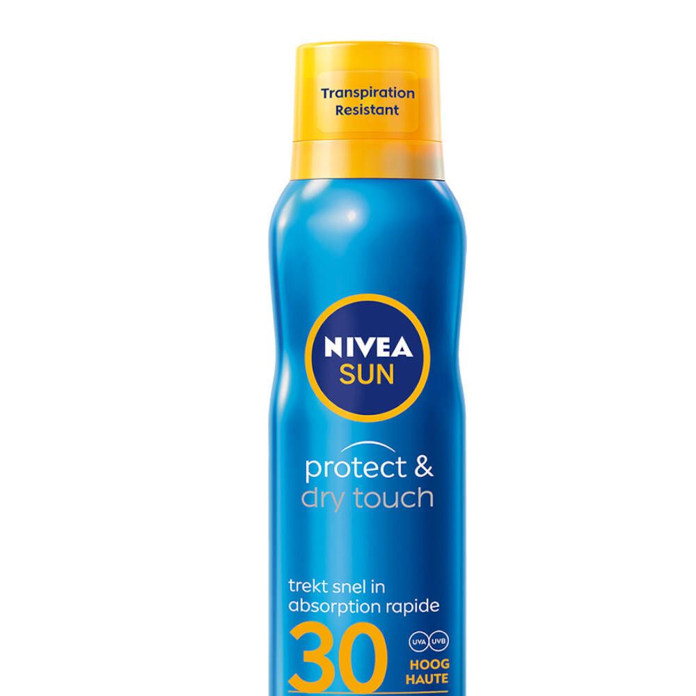Blau-gelbe Sprühflasche mit NIVEA SUN, protect & dry touch, SPF 30. Text: Immediate Protection, Refreshing Mist, Transpiration & Water Resistant.