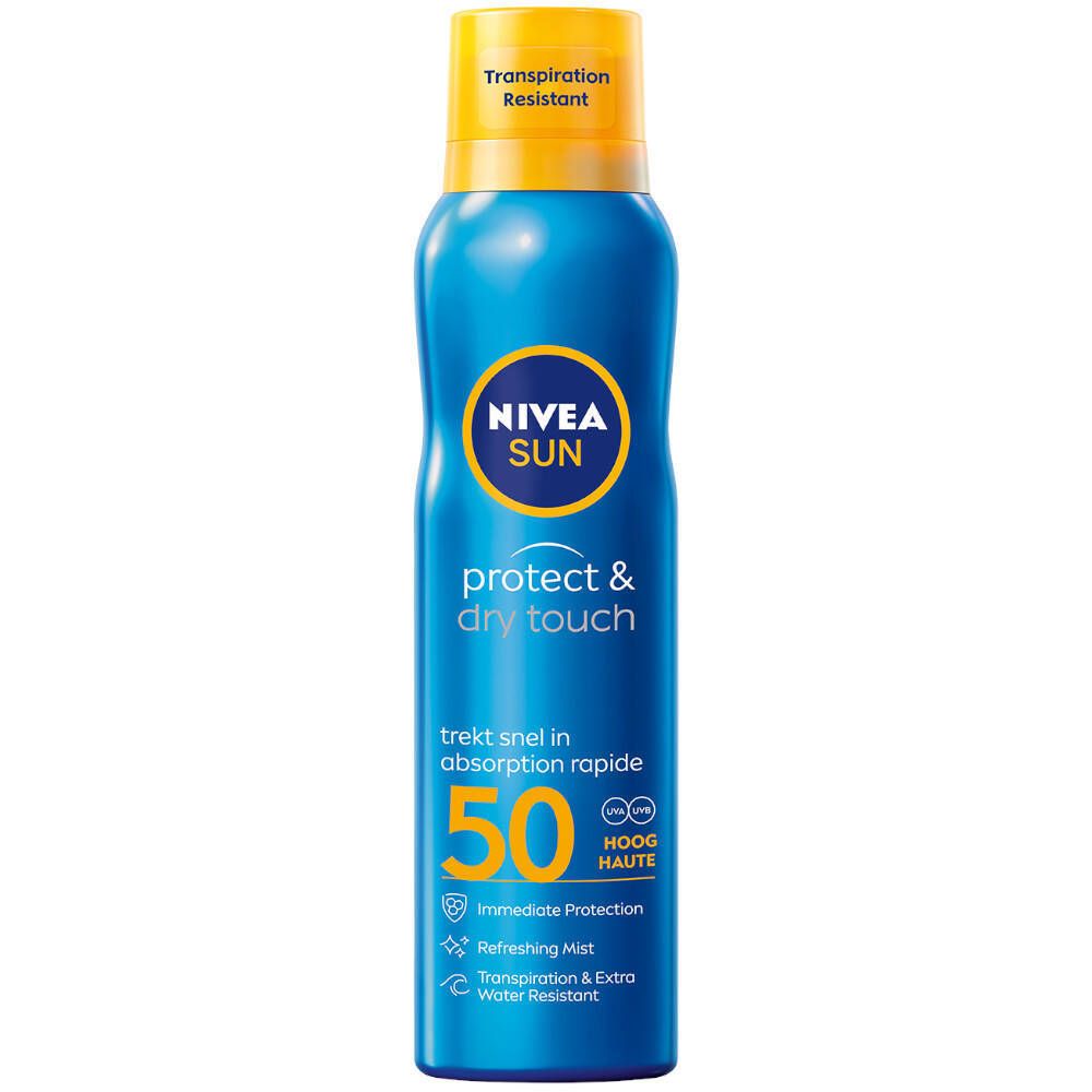 Blauw-gele sprayfles. NIVEA SUN, protect & dry touch, SPF 50. Tekst: trekt snel in absorption rapide. Transpiration Resistant.