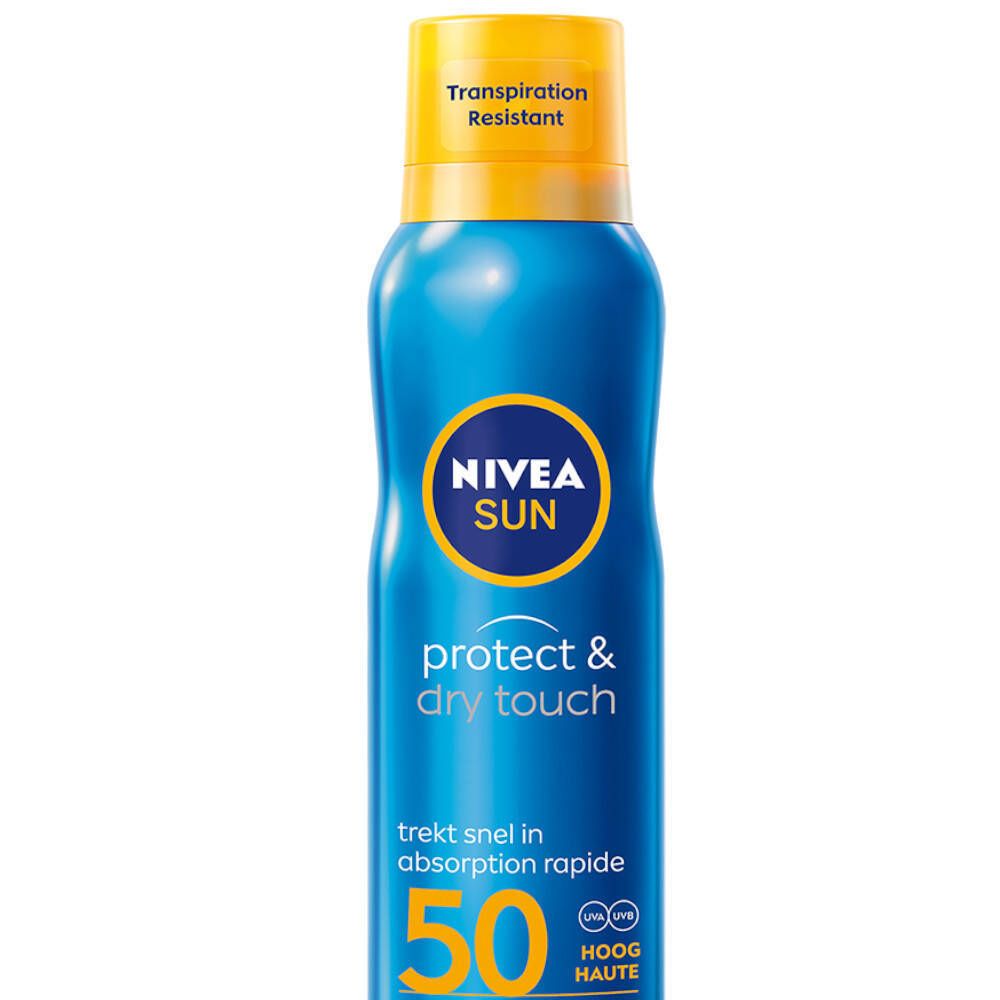Blauw-gele sprayfles. NIVEA SUN, protect & dry touch, SPF 50. Tekst: trekt snel in absorption rapide. Transpiration Resistant.