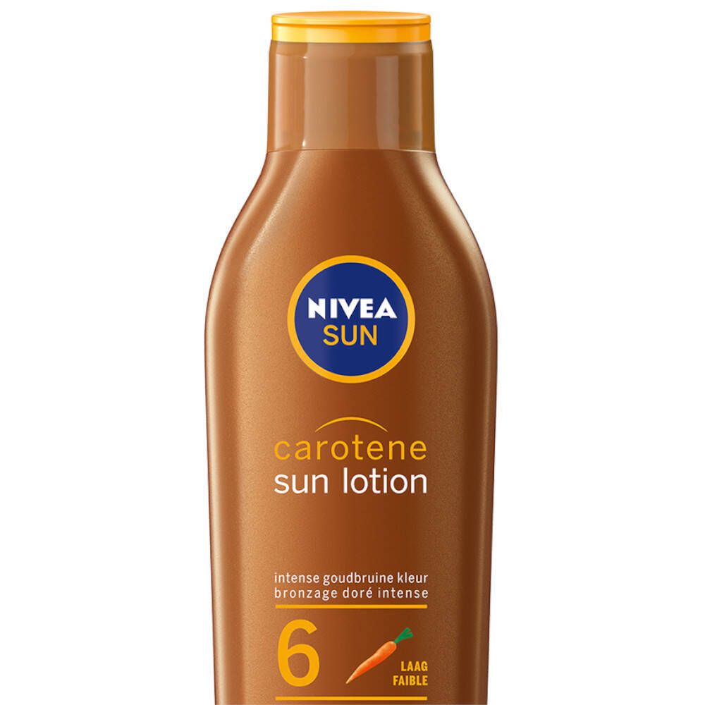 NIVEA Sun Carotene Sun Lotion LSF 6 Flasche. Braune Flasche mit gelbem Deckel. Produktname und LSF 6 auf dem Etikett.