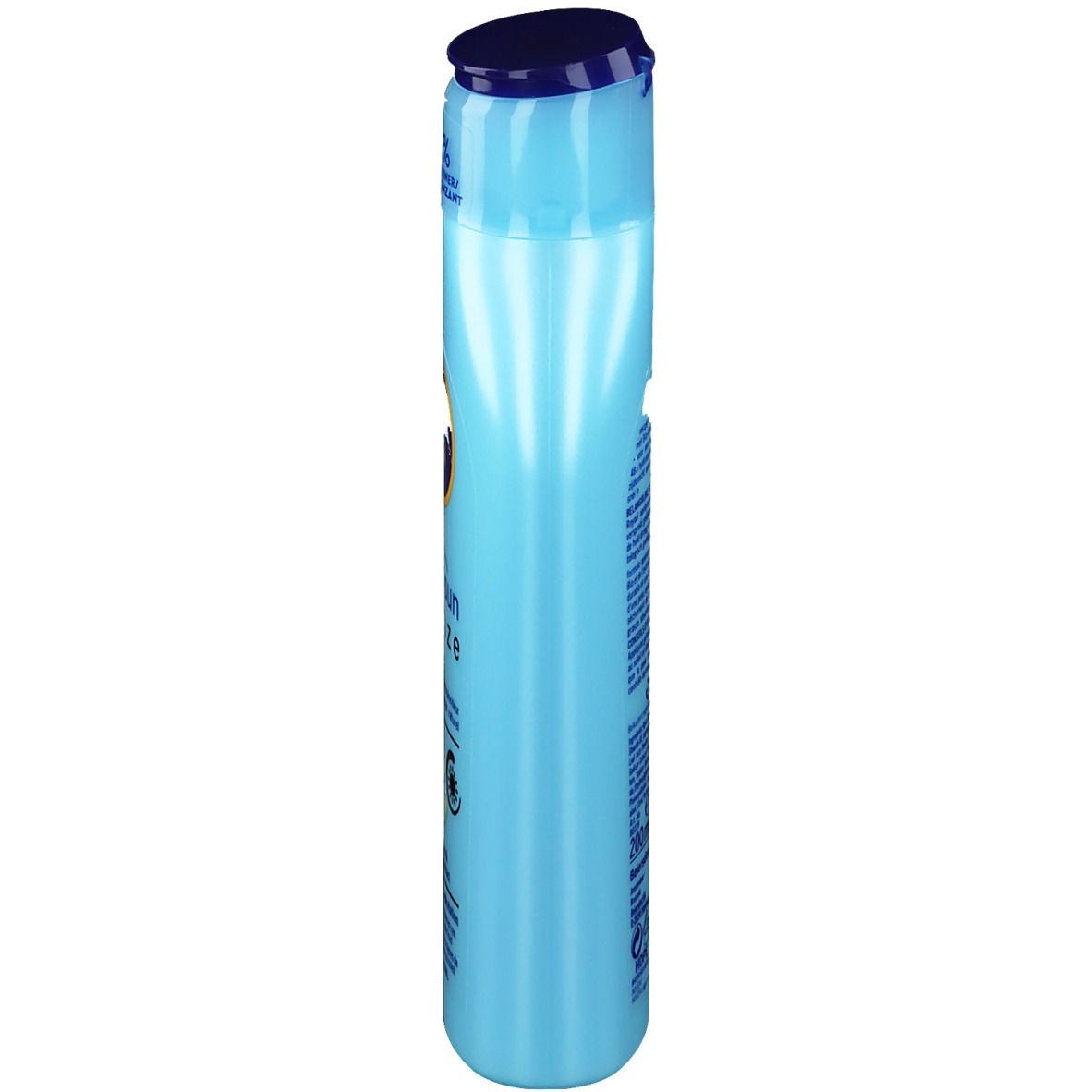 Hellblaue Flasche NIVEA Sun After Sun Bronze Lotion. Blaue Kappe. Seitenansicht.