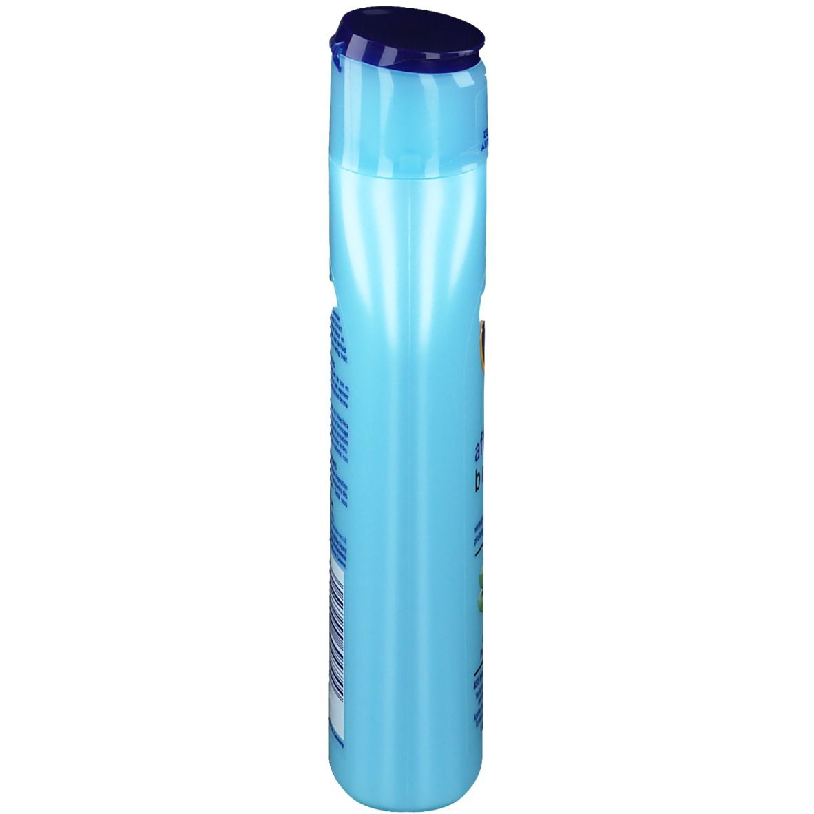 Hellblaue Flasche NIVEA Sun After Sun Bronze Lotion. Blaue Kappe. Seitenansicht.